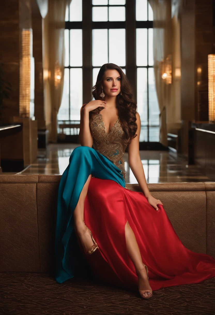busty 25 year old brunette, long hair, high heels, wearing elegant gown in hotel lobby