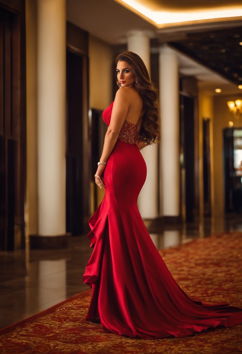 busty 25 year old brunette, long hair, high heels, wearing elegant gown in hotel lobby