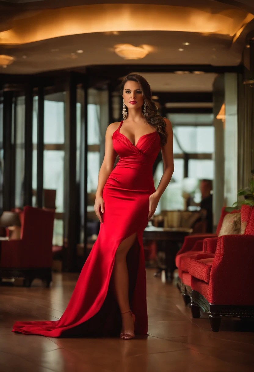 busty 25 year old brunette, long hair, high heels, wearing elegant gown in hotel lobby
