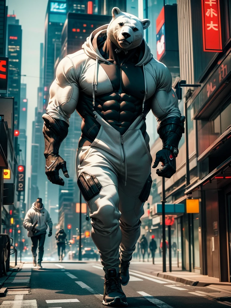 Cyberpunk Style, 1 bear, futuristic, polarbear, muscular, white nike hoodie, walking in the city, at afternoon, anthropomorphic