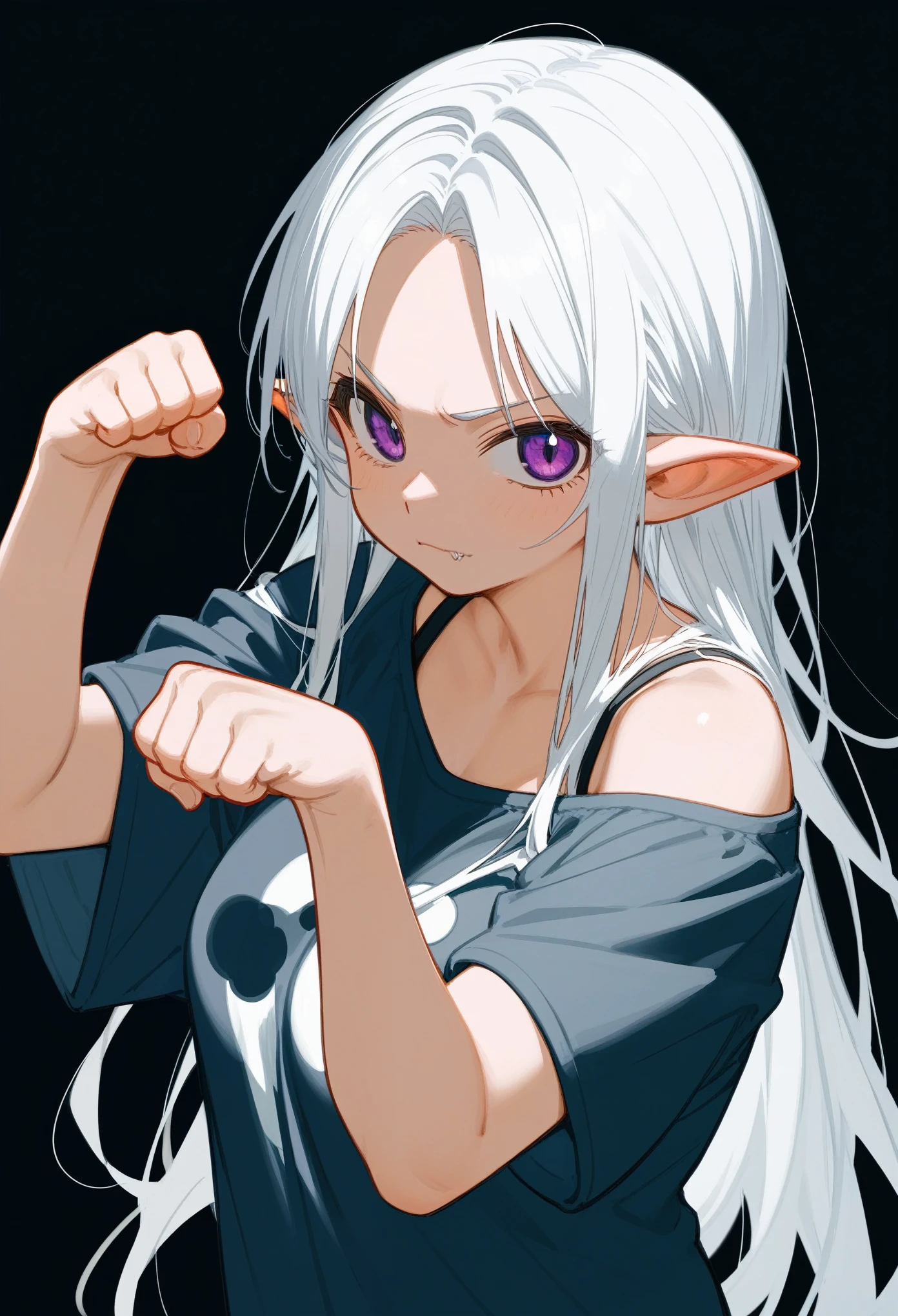 Best quality, score_9, score_8_up, score_7_up, 1girl, purple eyes, white hair, long hair, parted bangs, pointy ears, (paw pose), hands at shoulder height, clenched fists, white oversize shirt, off shoulder, short sleeves, saggy shirt, closed mouth, innexpressive, fang, medium breasts, woman, looking at viewer, upper body, black background, upper body, from above, zoom out, 