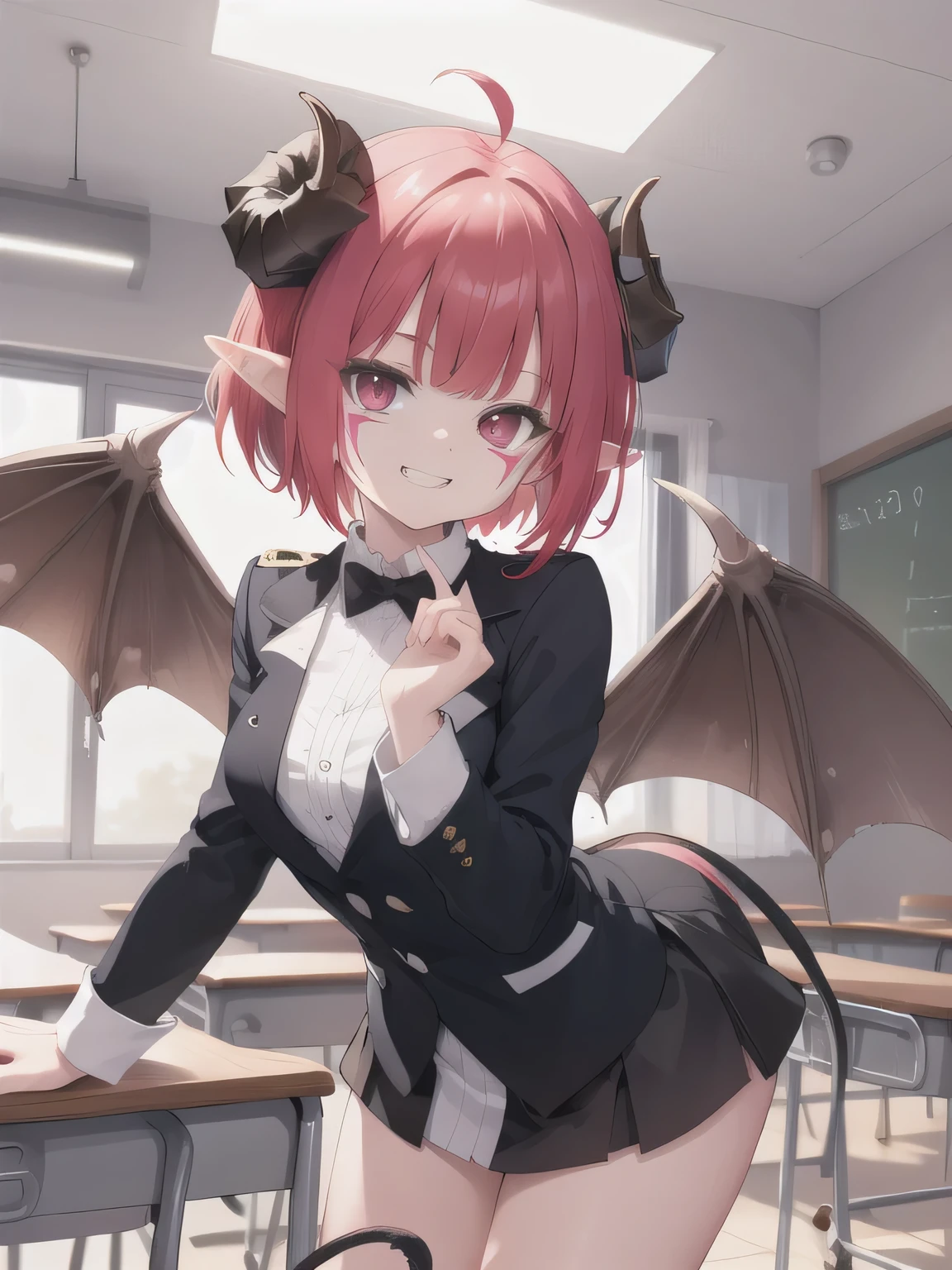 nyarly, (teen, child:1),facial mark,short hair, horns, red hair, red eyes,
,  low bat wings, uniform, tail, teacher,
grin, 
standing,
classroom,
