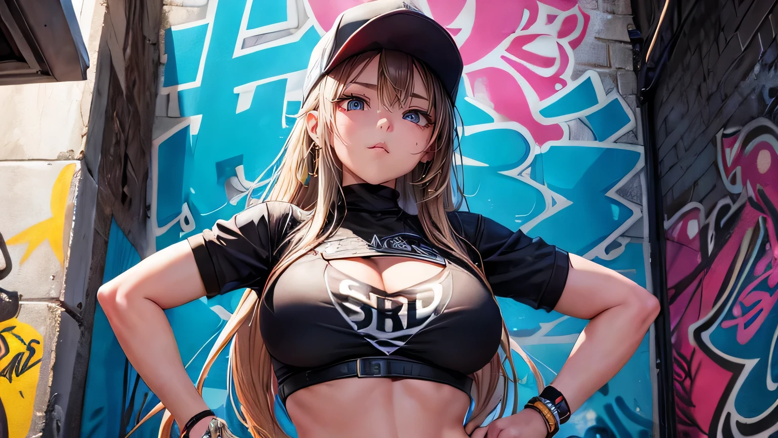 A girl in the back alley、Large Breasts,(Super detailed)、(8k)、((Hip Hop Fashion))、(Graffiti wall)、(Esbian all over)、(Super detailedな顔)、(Cool face)、