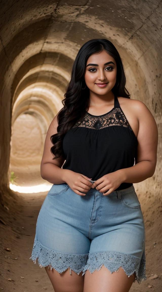 monali thakur Indian beautiful actress curvy plus size hour glass bulky figure woman, closeup camera view, wearing ROMWE Hippie Summer Embroidered Cross Strap Backless Halter Knit Top, different style hairstyle, bright eyes, thin eyebrows, fair skin, blushing cheeks, prefect head to toe view, full body view, Underground Tunnel: A mysterious tunnel with archways, shadows, and hidden secrets., smile face, black hair, Indian face, perfect skin tone light, ultra realistic skin texture