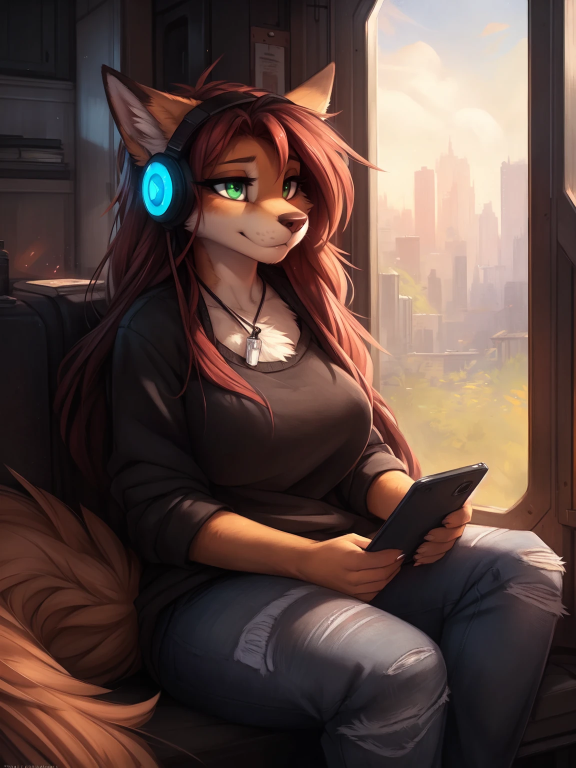 by kenket, Ross Tran, ruan jia, zaush, foxovh, by Zackary911, by hyattlen, by teranen, by fumiko, by Pixelsketcher, by Bayard Wu, by Thomas Benjamin Kennington, by Einshelm, by Kilinah, by Coffeesoda, by Hioshiru, by fluff-kevlar, bye r-mk, by Dimwitdog, Furry, Anthro, long hair, (long hair), cinematic lighting, ((fluffy tail)), sleepy, wide hips, eyeshadow, eyeliner, (green eyes), (long eyelashes), big breasts, headphones around neck, holding smartphone in one hand, (looking down at smartphone), texting, tomboy, (voluptuous), sitting, inside bus, ripped jeans, (full body shot), sneakers,