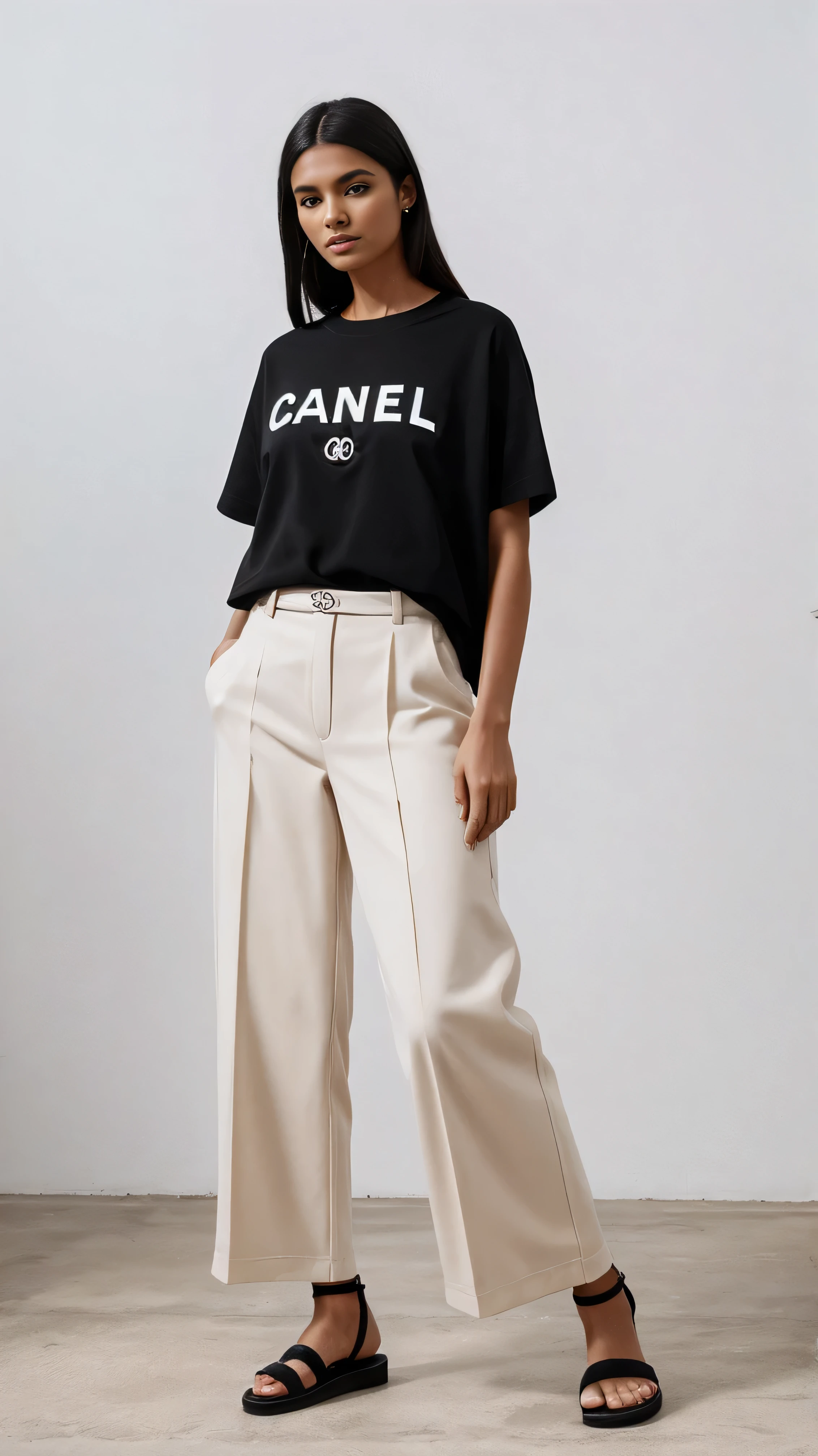 Fashion design work featuring a (Chanel) femenino (Colombiana) modelo vistiendo ropa aesthetic con camiseta oversized negra estampada y wide beige pants oversized, black sandals hermes filmed in a white Bauhaus building with soft, bright lighting, creativo, a minimalist and elegant style with a sense of sophistication and high-end feel., Fine lines and intricate details, Realistic anatomies, nikon d800