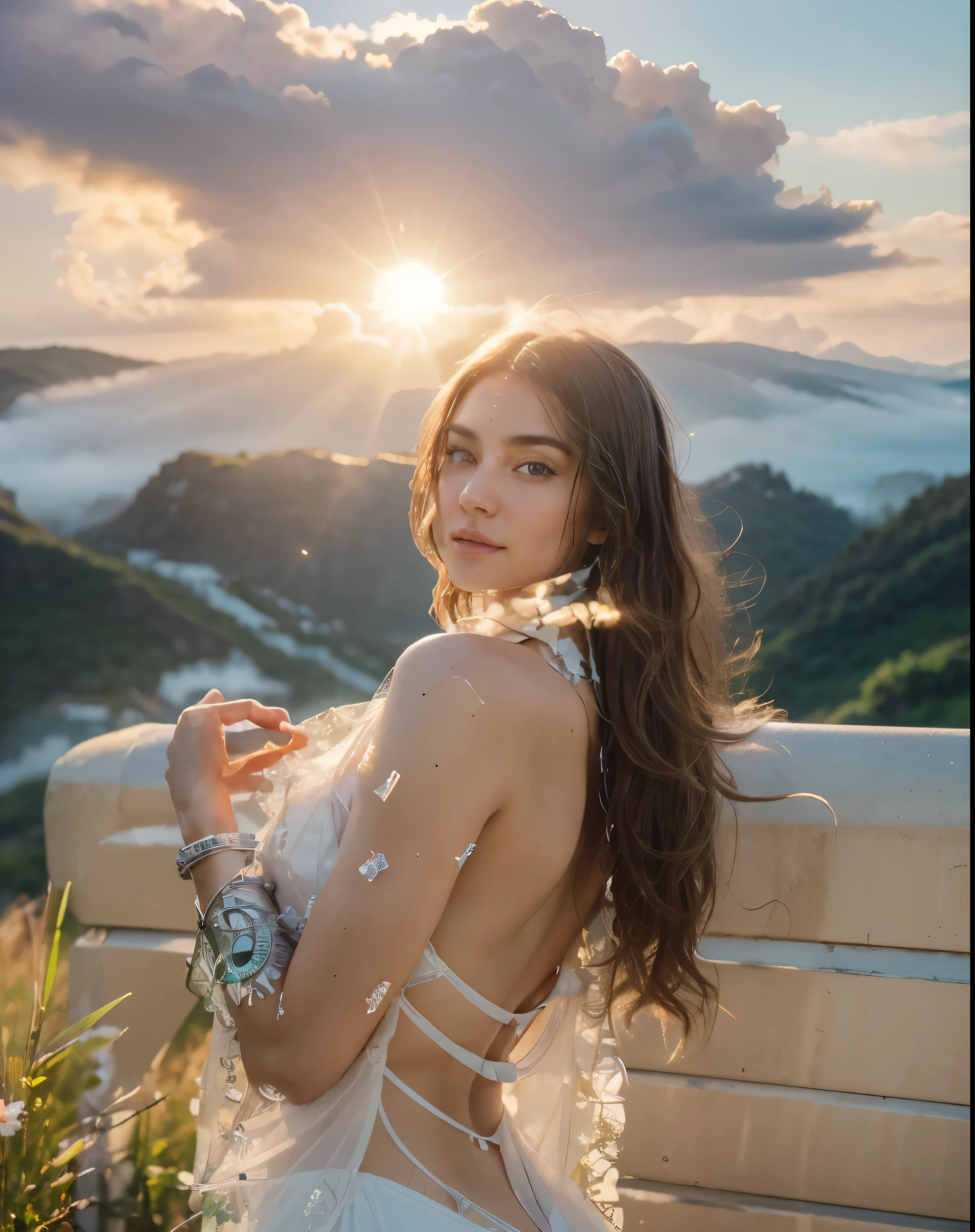 1girl:1.3), Solo, (((Very detailed face)))), ((Very detailed eyes and face)))), Beautiful detail eyes, Body parts__, Official art, Unified 8k wallpaper, Super detailed, beautiful and beautiful, beautiful, masterpiece, best quality, original, masterpiece, super fine photo, best quality, super high resolution, realistic realism, sunlight, full body portrait, amazing beauty, dynamic pose, delicate face, vibrant eyes, (from the front), She is in front of a green meadow hill valley, green little grasses , sky , clouds , detailed face, messy, gorgeous, milky white, highly detailed skin, realistic skin details,super realistic , mature attractive figure , visible pores, clear focus, volumetric fog, 8k uhd, DSLR, high quality, film grain, fair skin, photo realism, lomography, futuristic dystopian megalopolis, translucent INFO