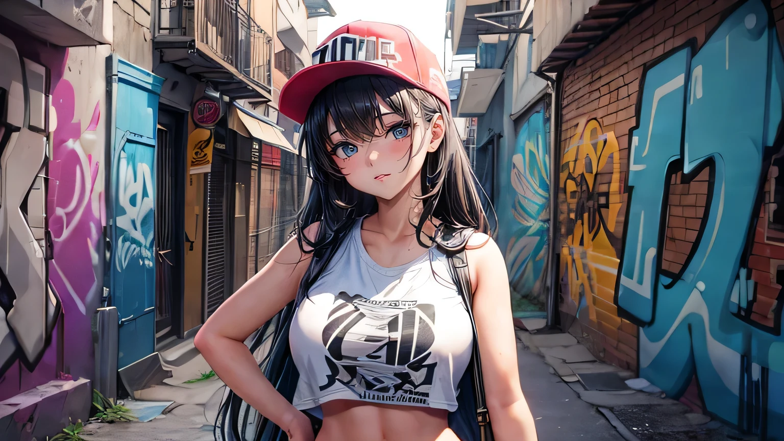 A girl in the back alley、Large Breasts,(Super detailed)、(8k)、((Hip Hop Fashion))、(Graffiti wall)、(Esbian all over)、(Super detailedな顔)、(Cool face)、