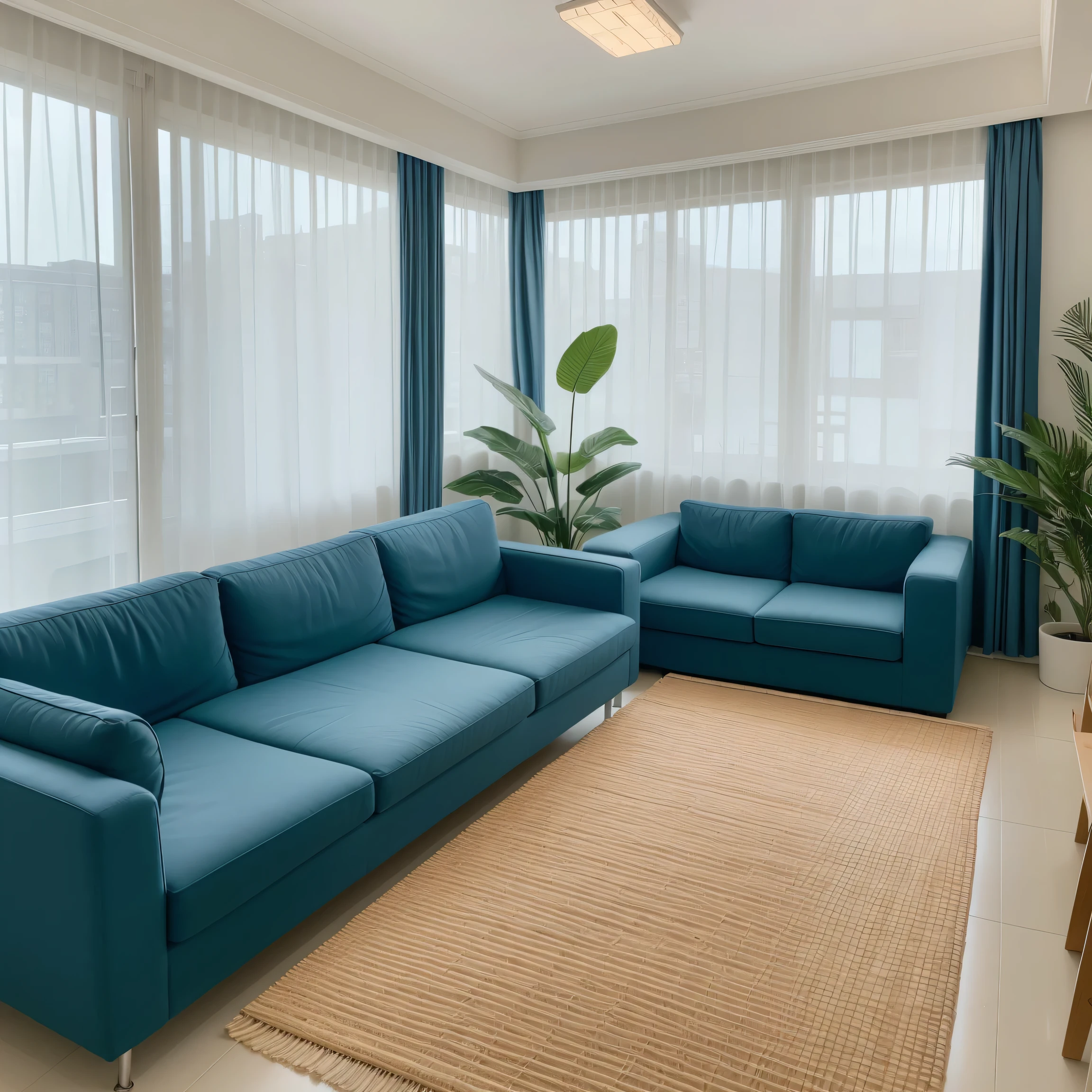Image of the whole room、Wide-angle shot、A broad perspective、wide、Large living room、sofa、table、Natural interior、Foliage plant、Light blue curtains、rug、20tatami、City、Tower apartment、interior、Stylish、Stand lamp、Asahi、Realistic、masterpiece、beautiful、8k、highest quality、Attention to detail、8k、Sharpness