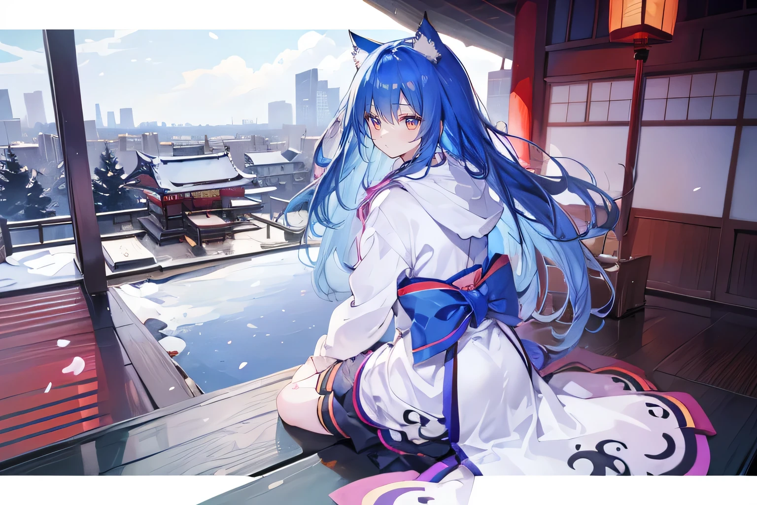 (masterpiece:1.2),Super detailed,lifelike,Expressive eyes,fair skin,perfect face shape,1 girl,
Japanese comics,Gorgeous blue hair,flowing blue hair,flowing clothes,Cat ears,Petals fall,beautiful lola,Baby Angel,
Cross your legs,Gentle and peaceful background,The pavilion is cool and comfortable,smile, wearing hoodie, background of tokyo,back views,snowing, winter.