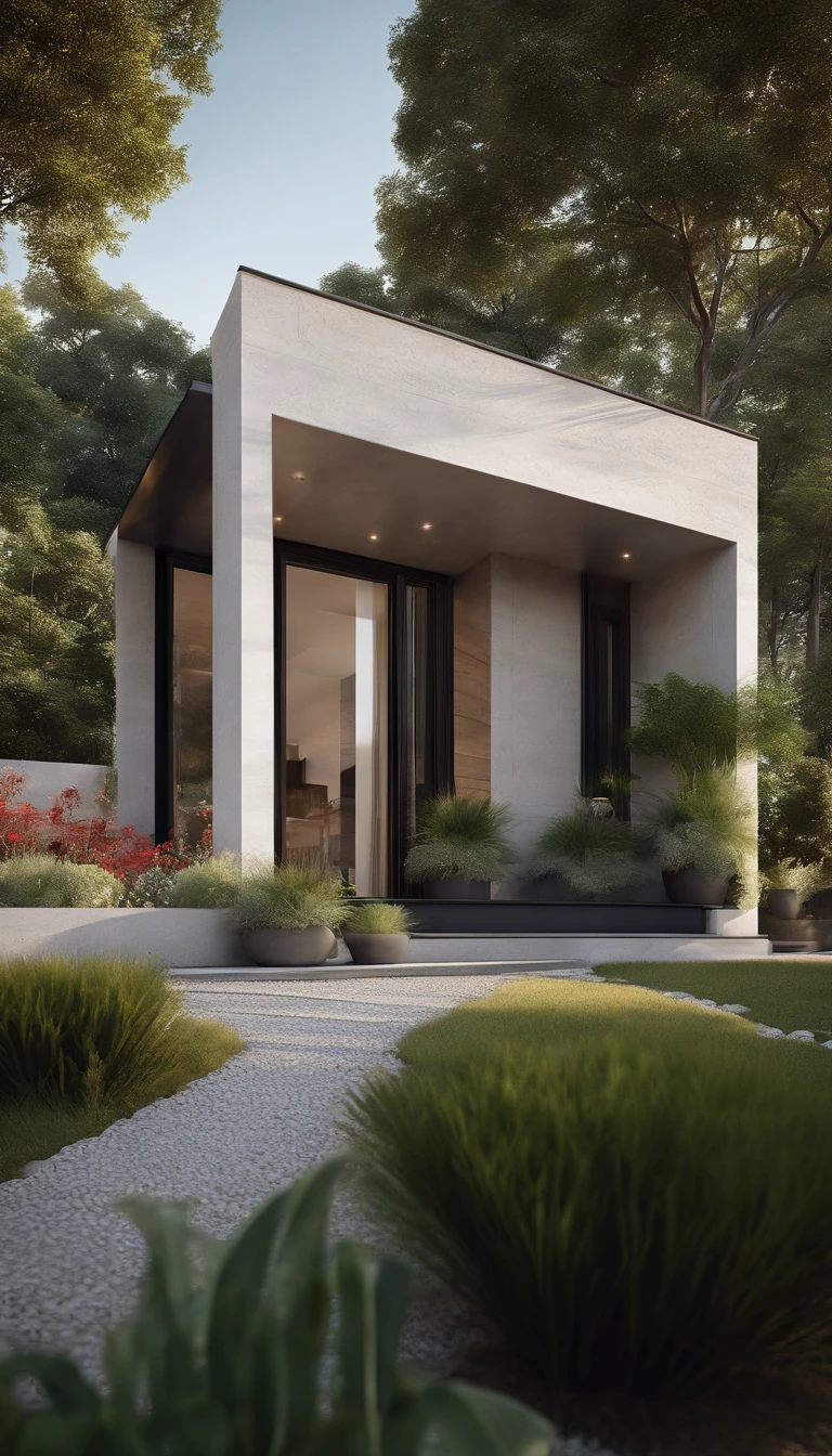 RAW photo,Masterpiece, high quality, best quality, authentic, super detail, exterior, outdoors, kza house, nordic house located in the city,( in front is a river:1.1), and a walkway on both sides ,( white wall:1.4), glass windows, (gray roof:1.1), forest, trees, beautiful sky, grass, stone promenade, elevation view (day:1.1), vivid colour, vray, (sunlight:1.1),1st floor granite, black door frame, flower bed in front of the house,
1-storey house
