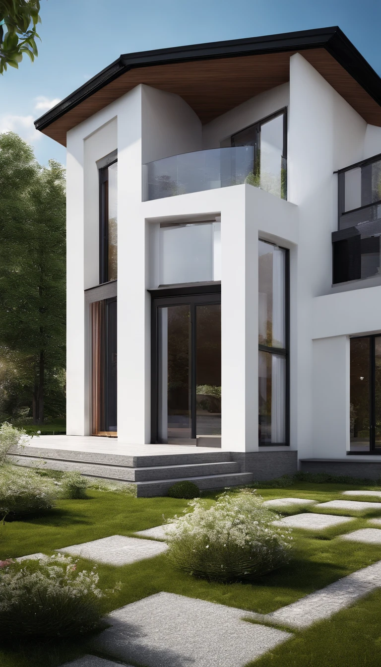 RAW photo,Masterpiece, high quality, best quality, authentic, super detail, exterior, outdoors, kza house, nordic house located in the city,( in front is a river:1.1), and a walkway on both sides ,( white wall:1.4), glass windows, (gray roof:1.1), forest, trees, beautiful sky, grass, stone promenade, elevation view (day:1.1), vivid colour, vray, (sunlight:1.1),1st floor granite, black door frame, flower bed in front of the house, 
1-storey house