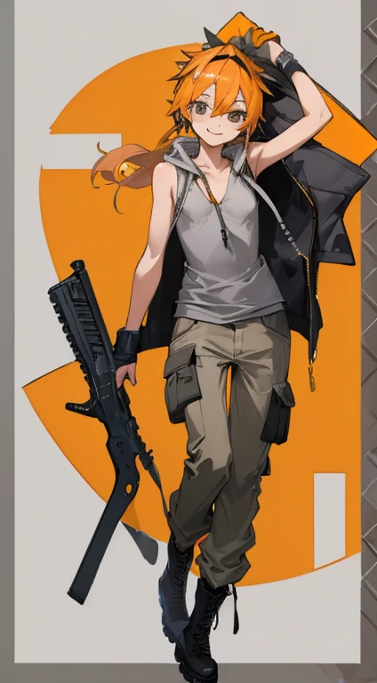 ((highest quality)), ((masterpiece)), (Familiar),,Female Clementine,overload,{{Browsing Caution}},Sleeveless hoodie,Grey Shirt,cargo pants,Captivating smile,whole body,boots,Long coat,Erect nipples,Flat Chest
