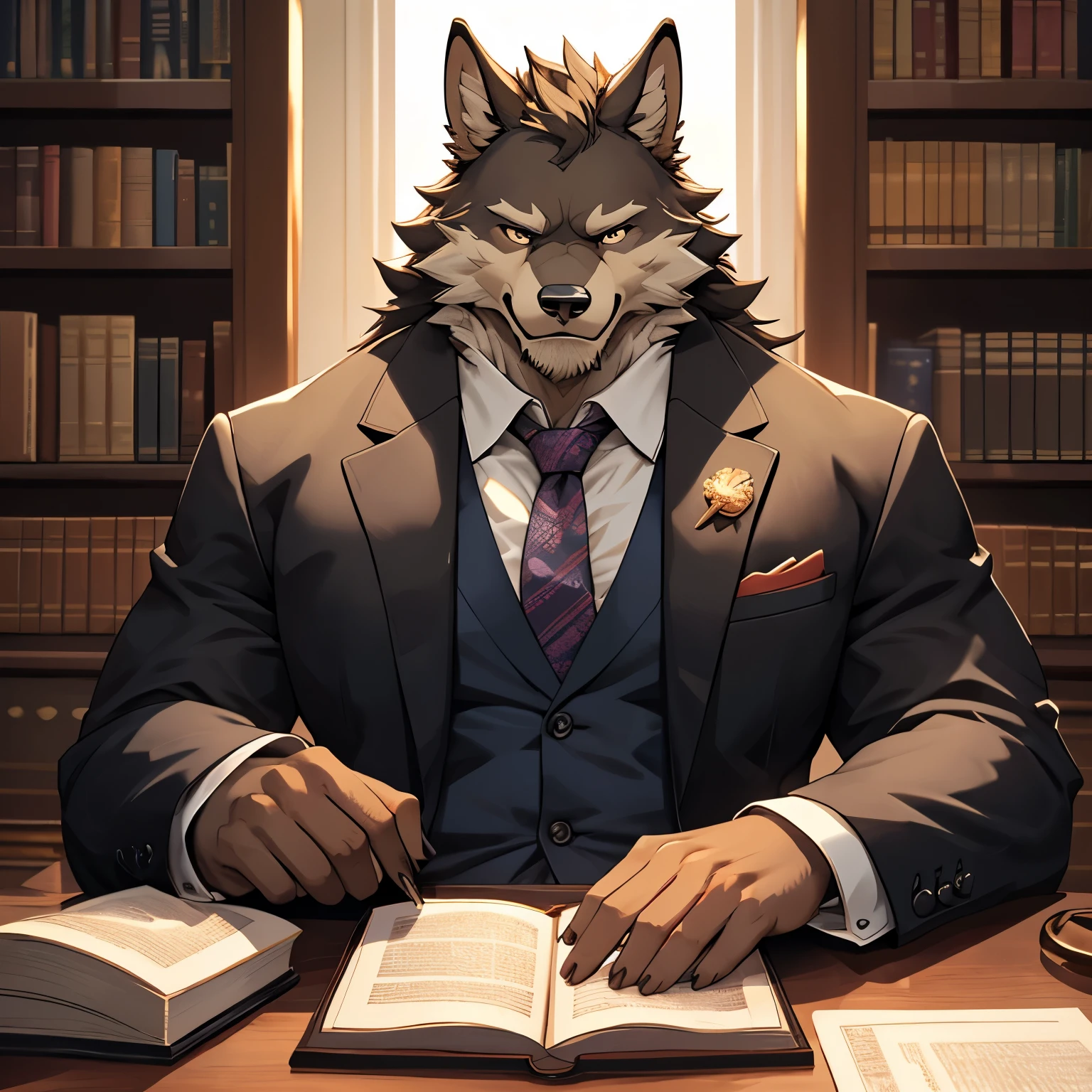A mature, 45-year-old werewolf in a sharp suit, sitting on a boss chair, exuding charm. He has a gentle gaze and a tall, muscular build. The werewolf principal looks very professional with neatly groomed fur and a tie. The scene is set in an elegant office with bookshelves filled with books and a desk adorned with a nameplate. The lighting is warm, casting a soft glow on the principal's face and emphasizing his dignified presence. The overall image quality is at its best, with ultra-detailed features, capturing every strand of fur and fine texture on the suit. The color palette is refined, highlighting the principal's sophistication while maintaining a touch of wildness. The prompt also includes the (best quality, 4k, 8k, highres, masterpiece:1.2), ultra-detailed, (realistic, photorealistic, photo-realistic:1.37) tags to ensure the generation of a high-quality, lifelike image.