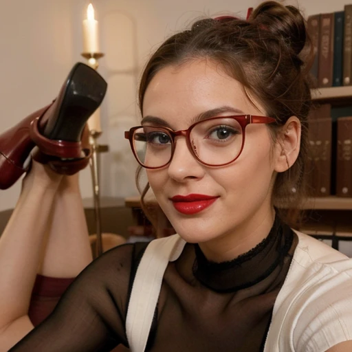librarian giving a blowjob, sexy, 18 years ,hair in a bun with loose strands for the face, stockings, glasses, picture taken with some distance, sweet smile, red lips, strickt look on her face, high heels, blowjob, blowjob, blowjob, orgy