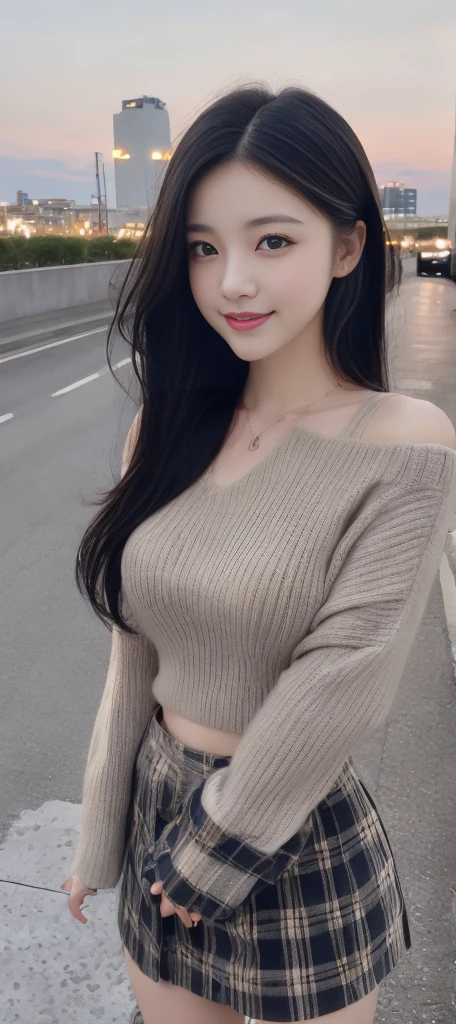 long windblown blue-black hair, looking at viewer, masterpiece, ((8k, photorealistic, RAW photo)), best quality, Japanese, 1girl, beautiful face, realistic face, black hair medium hair, beautiful hairstyle, realistic eyes, beautiful detailed eyes, realistic skin, beautiful skin, attractive, ultra high res, ultra realistic, highly detailed, golden ratio, blue fluffy loose sweater, black plaid skirt, long sleeve one-shoulder sweater, standing, front view, open stance, model posing, upper body, dangling breasts, happy smile, visible body shape, night rooftop, city view, ultra detailed, hyper sharp, sharp focus, K-pop idol, J-pop idol, portraits, anime style, vibrant colors, bokeh lighting.