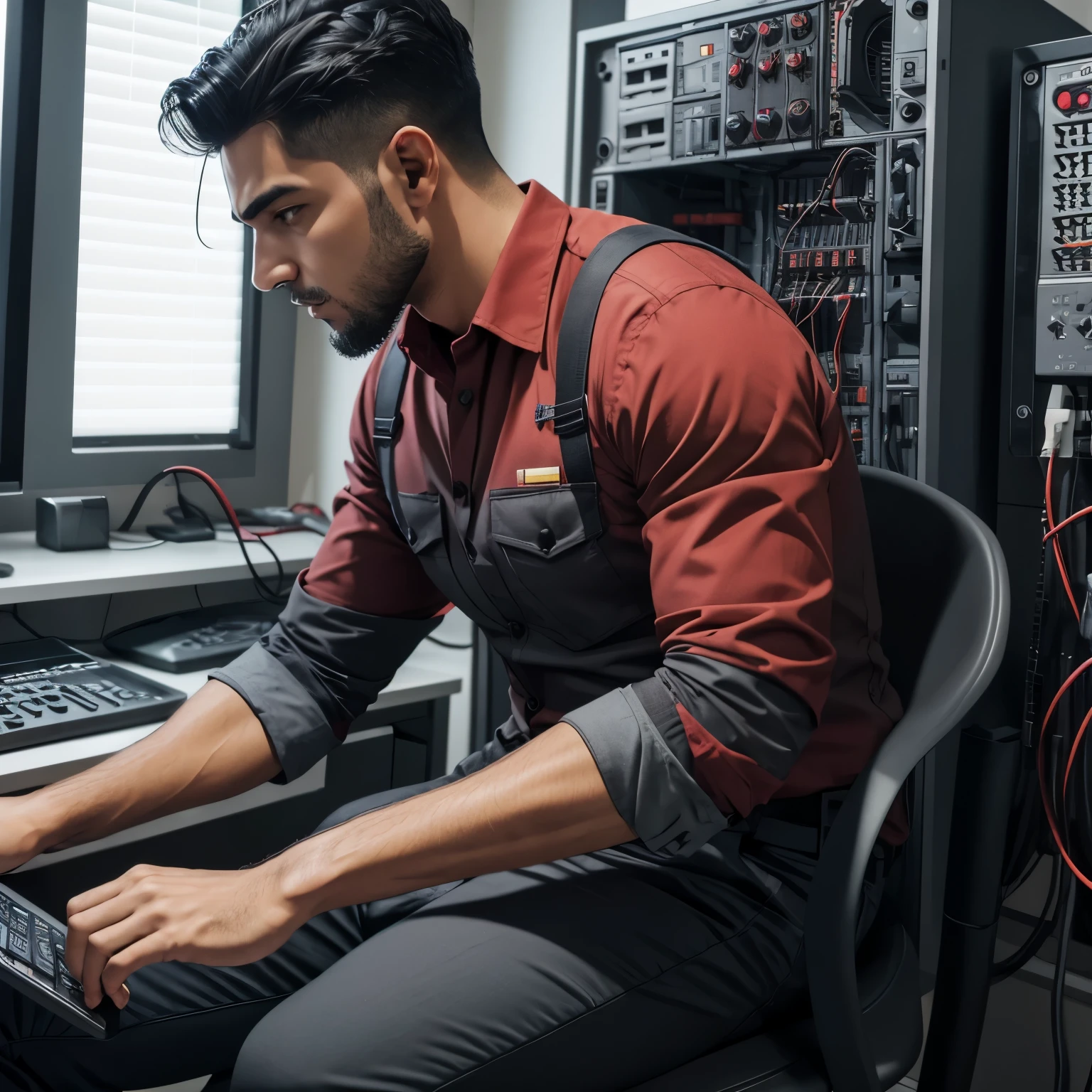 Homem, Telecommunications Technician, negro, camisa vermelha, Gray pants