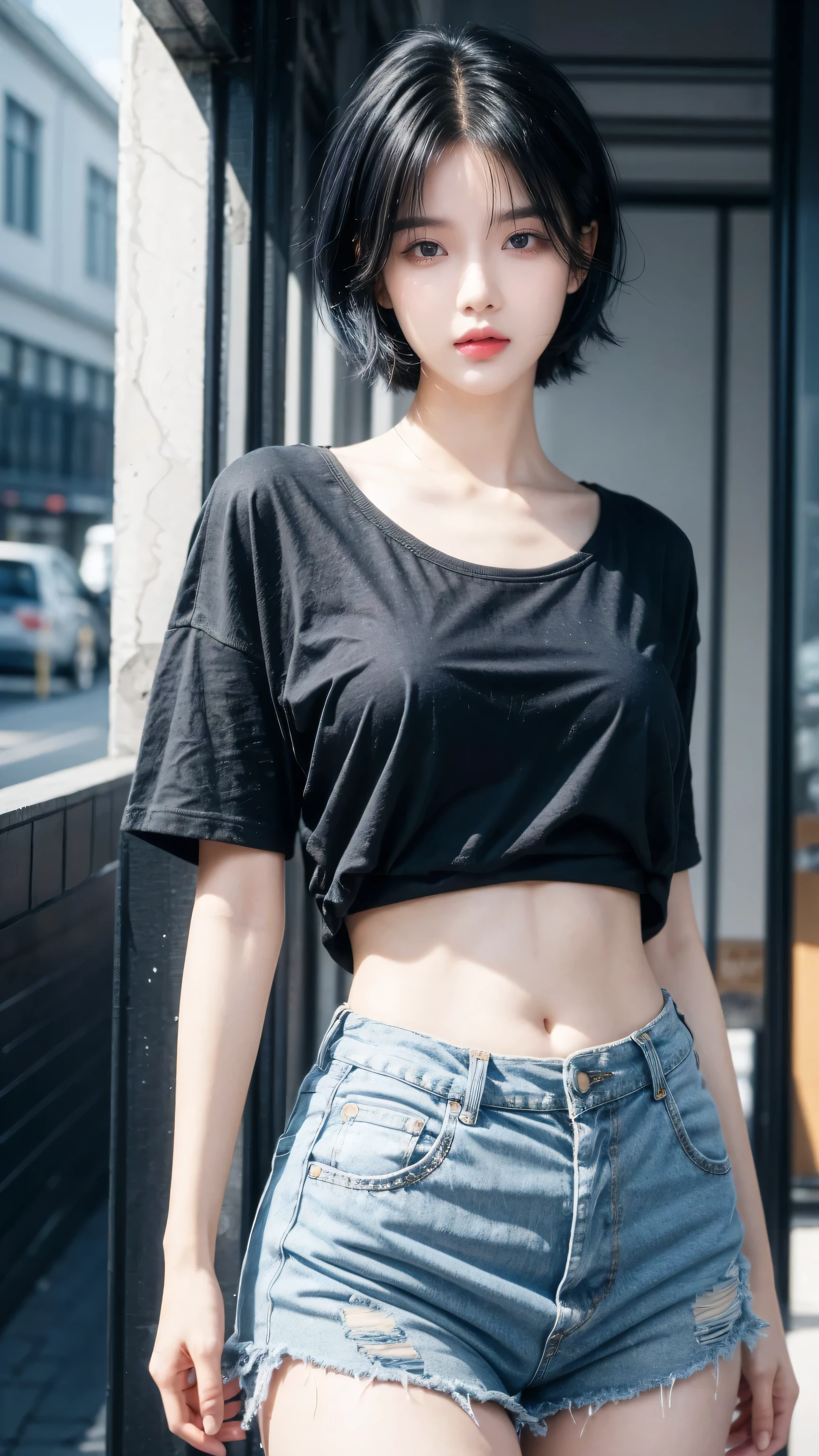 best quality, 1 Girl, dark blue hair, black eyes, Very short hair, Spiky hair, oversize t-shirt, High waist short jeans, 171 cm, Messy hair, Hair between the eyes, Medium breasts, full, Tomboy, aldult, 20 years old, 1 Girl