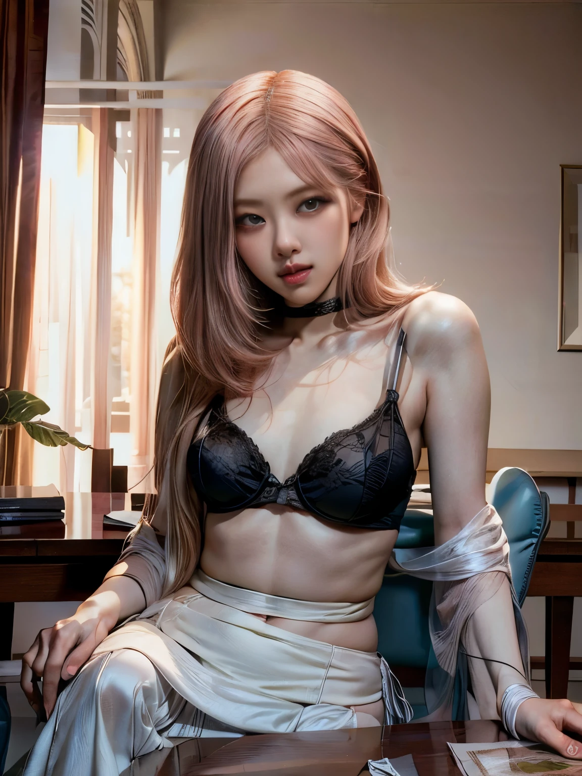 (masterpiece:1.3), (High resolution:1.1), Detailed beautiful face, Detailed beautiful, (huge breasts, araffed woman in a white bra top sitting on a desk, gorgeous chinese model, beautiful asian girl, young sensual graceful, sexy girl, realistic sensual gravure idol, photorealistic perfect body, korean girl, soft curvy shape, cute elegant pose, beautiful detailed body and face, gorgeous young korean woman, beautiful goddess,(pink hair)