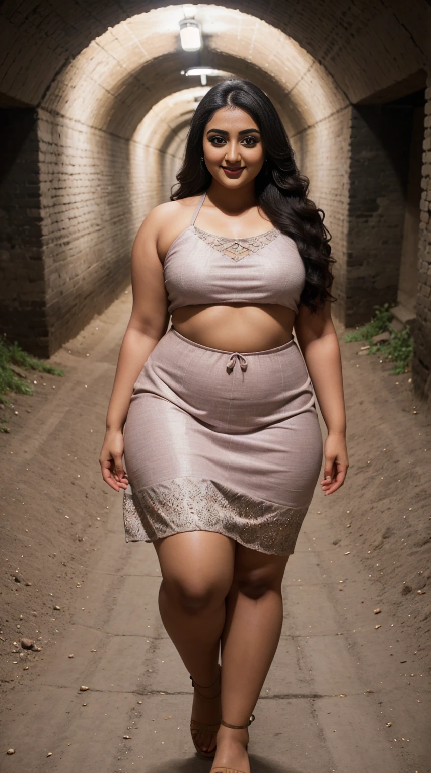 monali thakur Indian beautiful actress curvy plus size hour glass bulky figure woman, closeup camera view, wearingROMWE Hippie Summer Embroidered Cross Strap Backless Halter Knit Top, different style hairstyle, bright eyes, thin eyebrows, fair skin, blushing cheeks, prefect head to toe view, full body view, Underground Tunnel: A mysterious tunnel with archways, shadows, and hidden secrets. smile face, black hair, Indian face, perfect skin tone light, ultra realistic skin texture