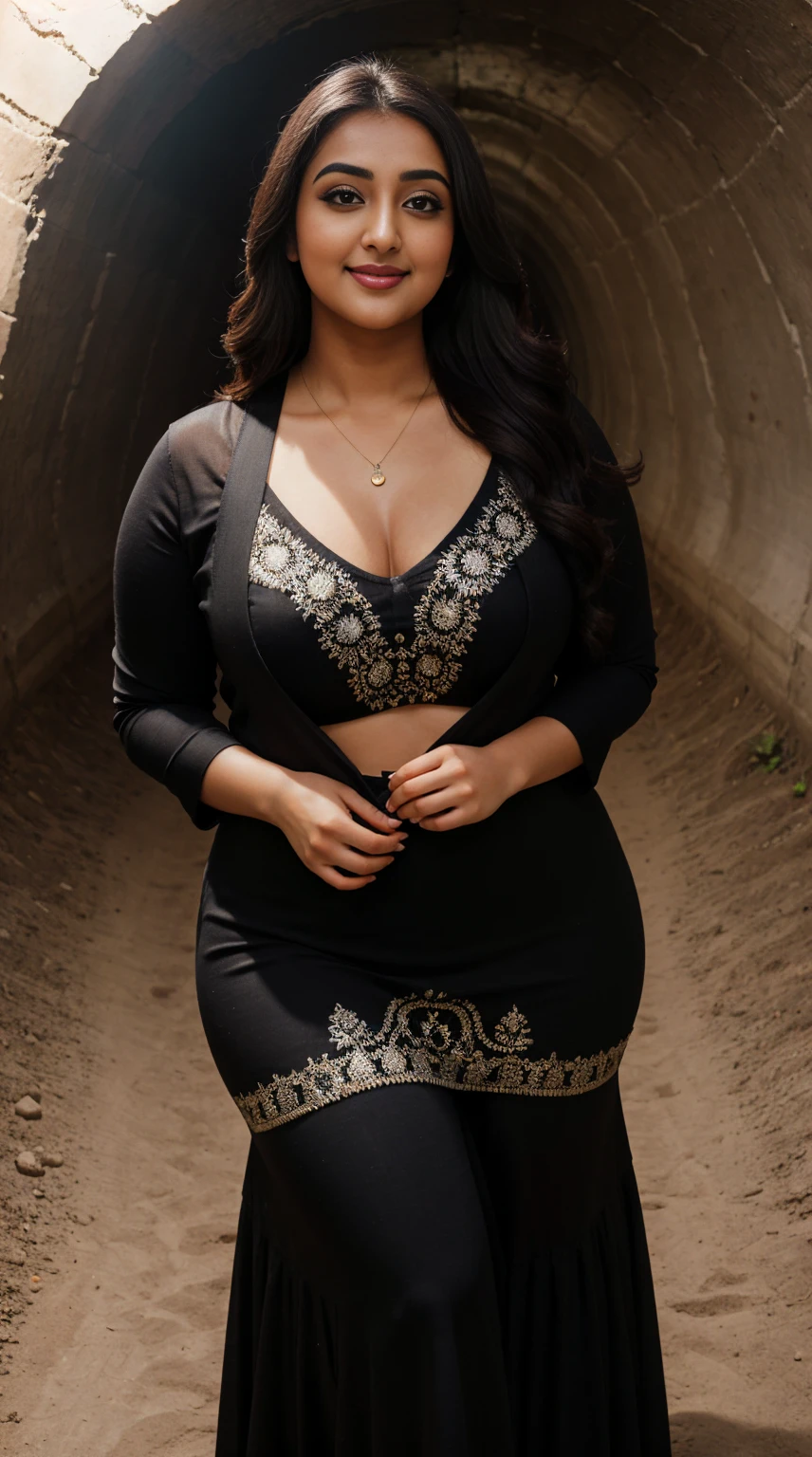 monali thakur Indian beautiful actress curvy plus size hour glass bulky figure woman, closeup camera view, wearingROMWE Hippie Summer Embroidered Cross Strap Backless Halter Knit Top, different style hairstyle, bright eyes, thin eyebrows, fair skin, blushing cheeks, prefect head to toe view, full body view, Underground Tunnel: A mysterious tunnel with archways, shadows, and hidden secrets. smile face, black hair, Indian face, perfect skin tone light, ultra realistic skin texture