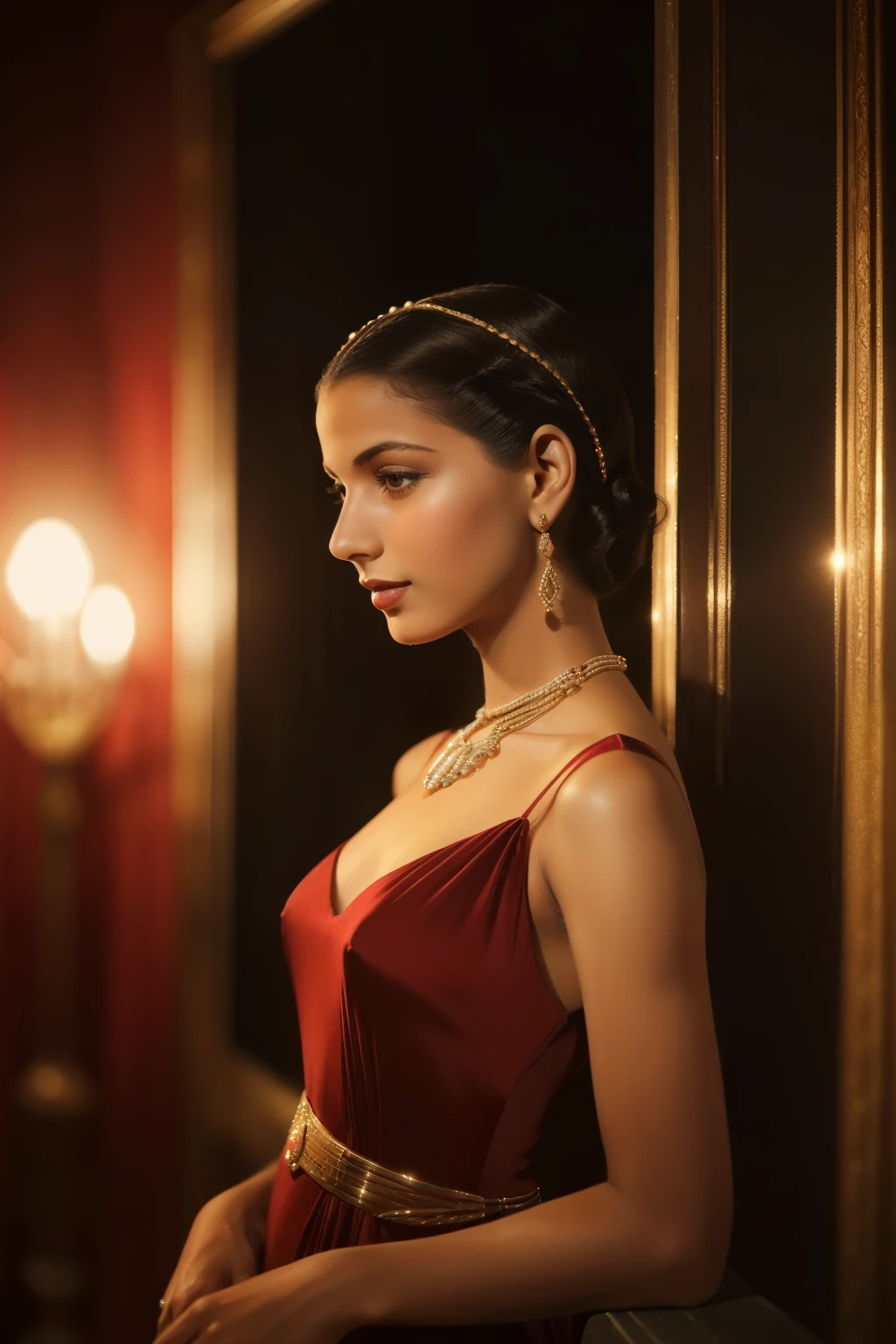 Tangier, 1937. portrait of A young ((((25-year-old)) Sira Quiroga)), beautiful, skinny, in a gala party, looking away, ((((elegant clothings from the 1930s)))), ((hairstyle of the 1930s)), ((colorful))