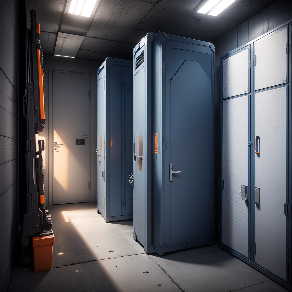 the call of duty armory is a dark room with white lights and not windows, there are weapon cases, military boxes in blue color, military boxes in orange color, no people,
