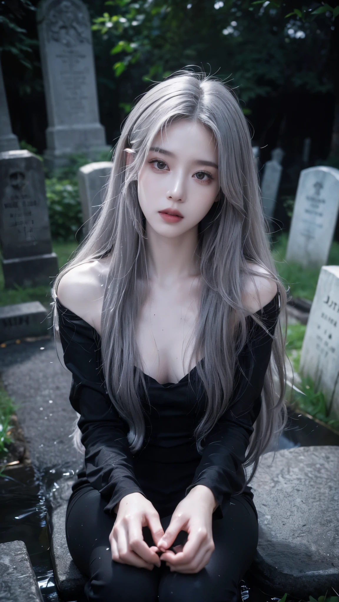 (ultra high definition, 8K, masterpiece: 1.3) ((long gray hair)) ((pale skin)) ((black lips)) A moist and shiny body soaked in sweat, She is surrounded by headstones and the background is a dark cemetery.,depth of field, fish eye lens, highest detail, from above,