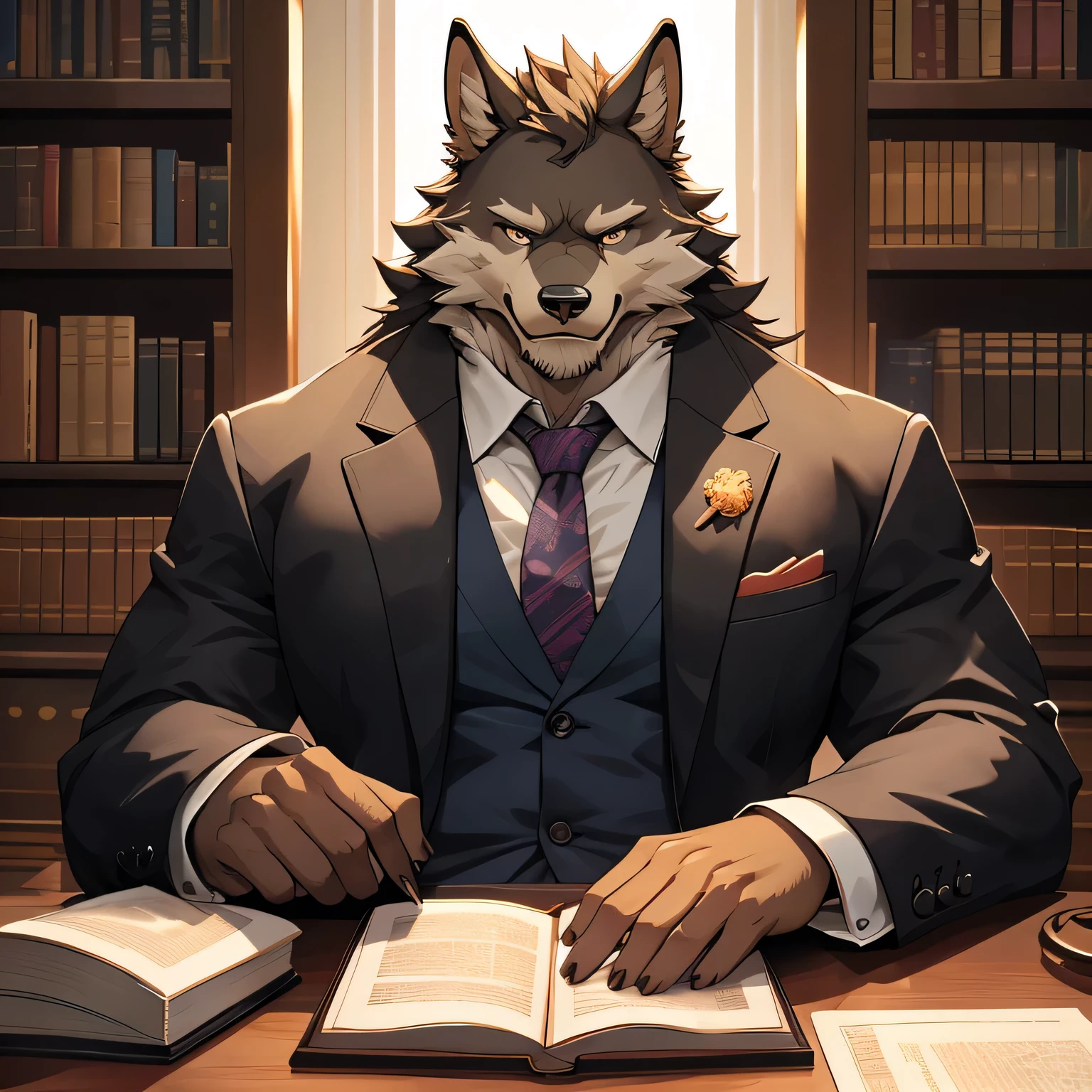 A mature, 45-year-old werewolf in a sharp suit, sitting on a boss chair, exuding charm. He has a gentle gaze and a tall, muscular build. The werewolf principal looks very professional with neatly groomed fur and a tie. The scene is set in an elegant office with bookshelves filled with books and a desk adorned with a nameplate. The lighting is warm, casting a soft glow on the principal's face and emphasizing his dignified presence. The overall image quality is at its best, with ultra-detailed features, capturing every strand of fur and fine texture on the suit. The color palette is refined, highlighting the principal's sophistication while maintaining a touch of wildness. The prompt also includes the (best quality, 4k, 8k, highres, masterpiece:1.2), ultra-detailed, (realistic, photorealistic, photo-realistic:1.37) tags to ensure the generation of a high-quality, lifelike image.