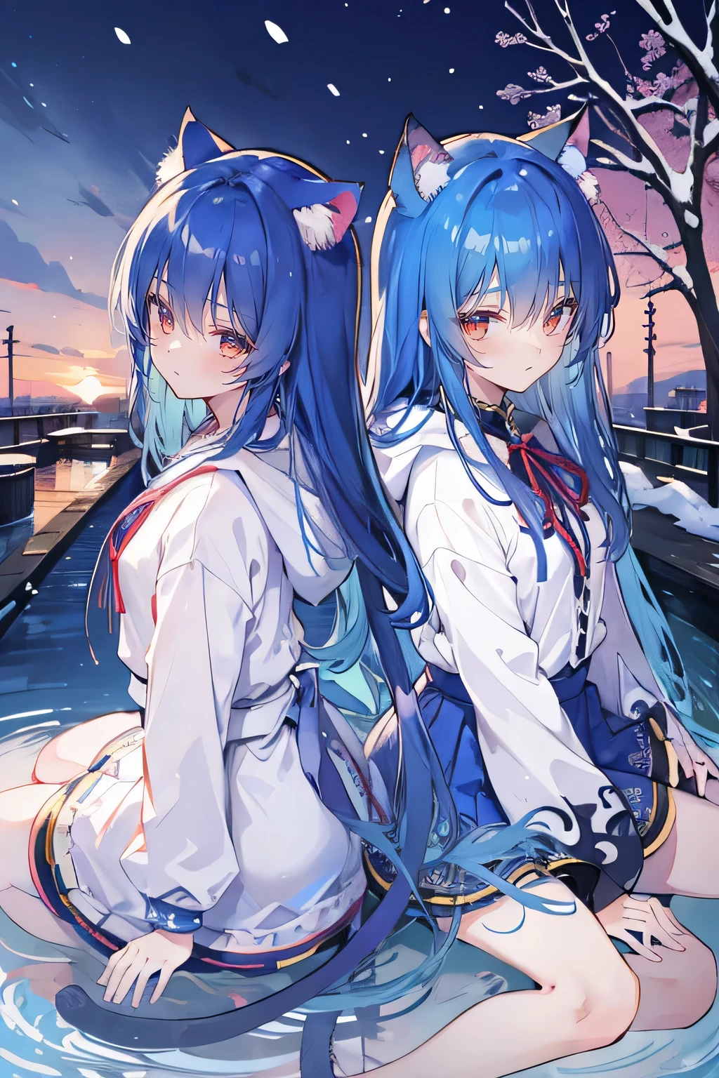 （masterpiece：1.2），Super detailed，lifelike，Expressive eyes，fair skin，perfect face shape，1 girl，
Japanese comics,Gorgeous blue hair,flowing blue hair,flowing clothes,Cat ears,Petals fall,beautiful lola,Baby Angel,
Shaking head with one hand，Cross your legs，Gentle and peaceful background，The pavilion is cool and comfortable,smile, wearing hoodie, background of tokyo,back views,snowing, winter.