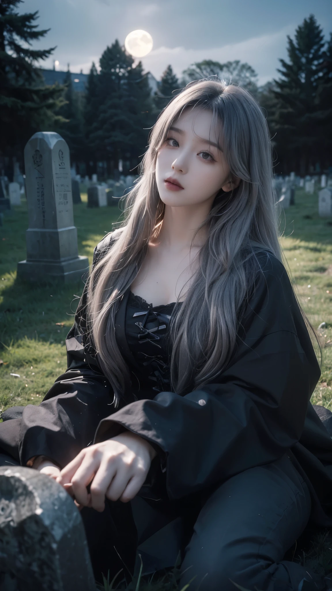 (ultra high definition, 8K, masterpiece: 1.3) ((long gray hair)) ((pale skin)) ((black lips)), She is surrounded by headstones, The background is a dark cemetery.,depth of field, fish eye lens, highest detail, Camera lens from top to bottom, dark night, When the moon rises, midnight, at night, (dark: 1.2), gothic dress, lay down, numerous headstones, surrounded by tombstones. (바닥에 lay down: 1.3)