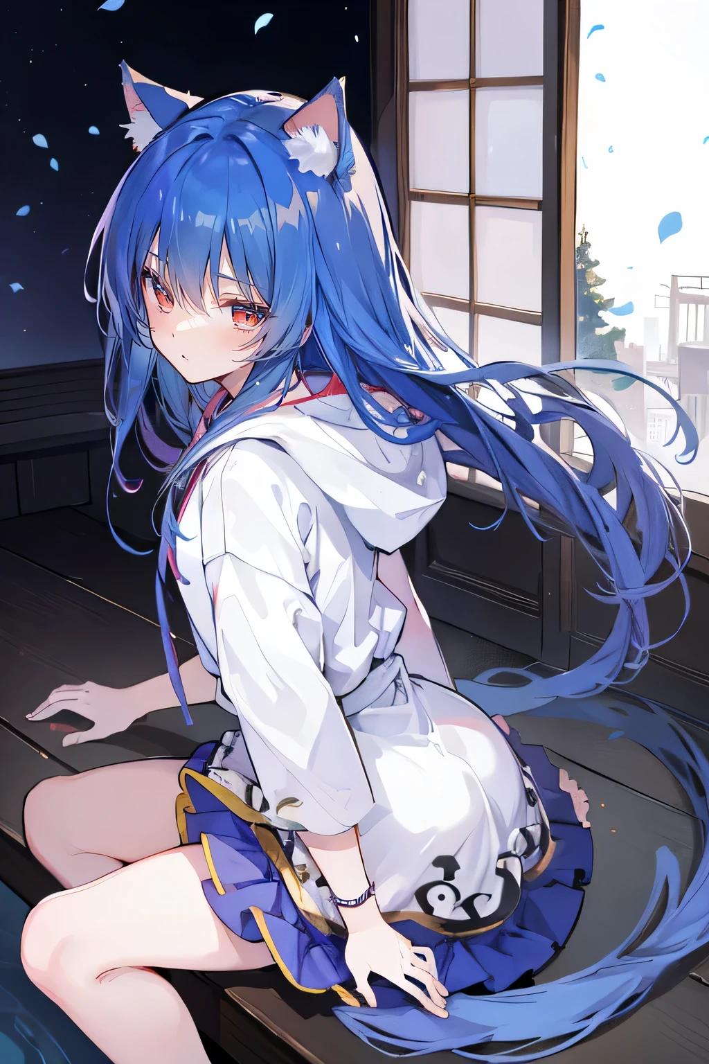 （masterpiece：1.2），Super detailed，lifelike，Expressive eyes，fair skin，perfect face shape，1 girl，
Japanese comics,Gorgeous blue hair,flowing blue hair,flowing clothes,Cat ears,Petals fall,beautiful lola,Baby Angel,
Shaking head with one hand，Cross your legs，Gentle and peaceful background，The pavilion is cool and comfortable,smile, wearing hoodie, background of tokyo,back views,snowing, winter.