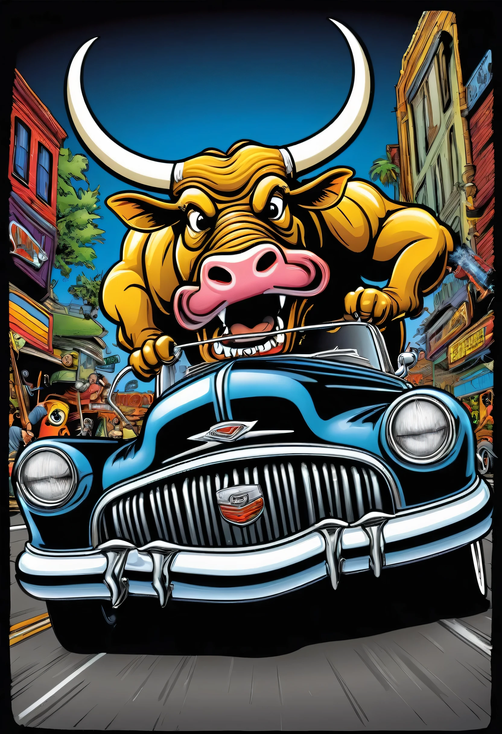 Bull driving in a classic old buick, tunning, crazy cars, very inspire by "Ed Roth" cartoonist , graphics & illustrations , image center frame,with black background