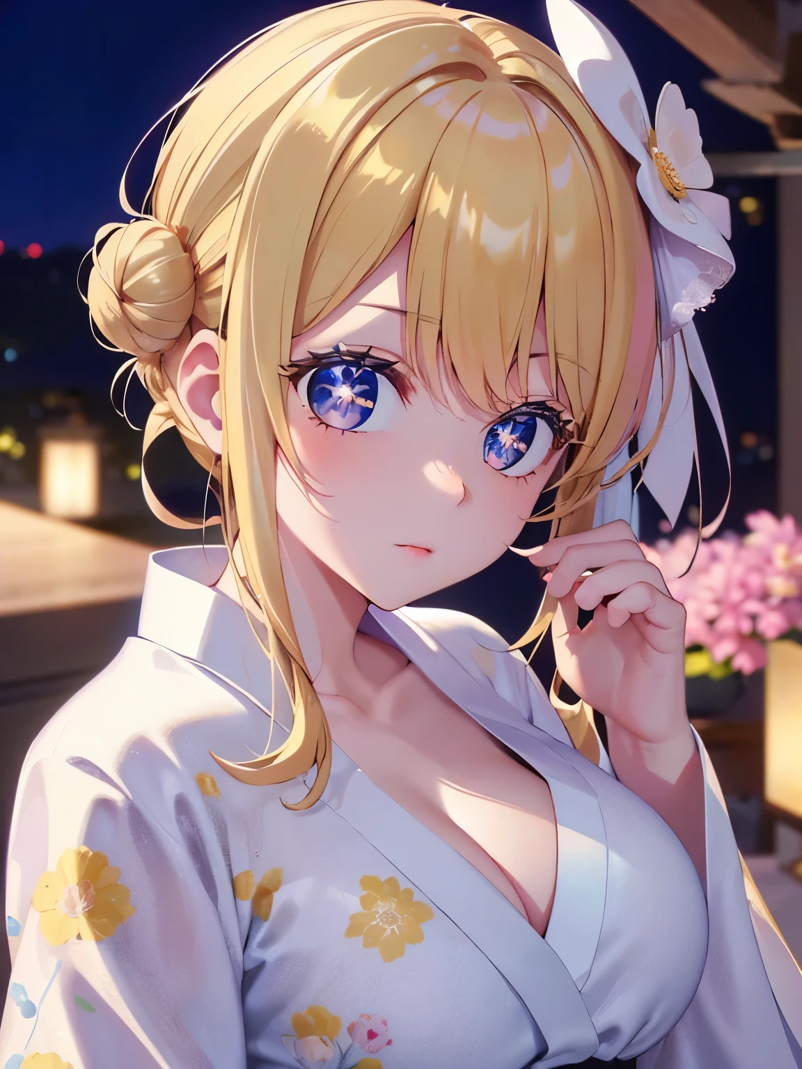 1woman,super beautiful,Walk in the palace,pouting lips,at night,half body photo,Beautiful eyes, very detailed face,cute,,HD face, perfect face, white floral kimono,short kimono, cleavage visible,Very big breasts,Flowers on head,Blonde hair,bangs,blue eyes,hair in bun,one bun,Hair in a bun,ultra detail,ultra Hd, masterpiece,4k