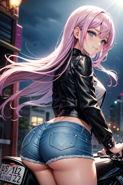 Draw Camila, an anime-style female character.  long lilac hair reaching her waist with baby bangs, blue eyes, lilac eyebrows, smile on her face.  small breasts, thin waist, very large and perky ass, thick shapely thighs.  She is wearing short, tight jeans and shorts and a short black leather jacket.  riding a powerful motorcycle on the road at high speed with the body leaning over the motorcycle.  pink helmet.  view from behind.  rainy night.  She is mounted on the motorcycle riding at high speed.  hands holding the handles of the motorcycle and body leaning forward, looking straight ahead.  tunic perspective of the road.  view of the back showing the ass mounted on the bike.