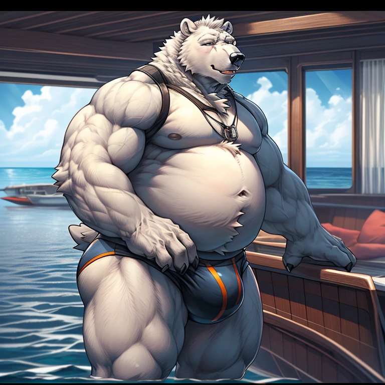 ((extremely detailed, super detail, masterpiece, ultra realistic, highres, detailed shadows, detailed lightining)), (((side view, close-up, upper body view, facing viewer))), (((((solo, 1boy, anthro (polar bear))))), ((very fat, broad hips, broad shoulders)), big bear face, (detailed gigantic bulge, big balls:1), fluffy, masculine face, question expression, old age, (inside boat, ocean background, ((inside boat, photorealistic))), ((bara)), detailed speedo