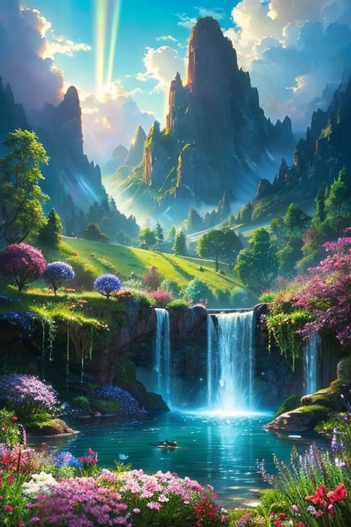 baptism,Baptism,Garden of Eden,Colorful,Dreamy landscape, cloud, light piercing through the cloud, Reflection on the surface of the water, Gentle waterfall,flower々, flower ,Quiet atmosphere, Richness in details, Surreal beauty, Magical Aura, Fantasy Landscape, High quality digital art, Vibrant colors, Fantastic lighting, Enchanting atmosphere, Artistic Expression, Otherworldly feeling, Beautiful brushwork, Magnificent View, Peaceful tranquility, Immersive Experience, Breathtaking views, Picturesque views, Mysterious charm, Mysterious atmosphere, Nuances, A magical dream. There are no people, Nobody is here