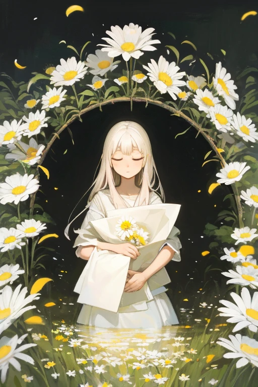 Capture the essence of pure serenity and natural beauty in an awe-inspiring oil painting that transports viewers into a dreamlike world where a girl finds solace amidst a sea of Paper Daisies. Imagine a tranquil meadow bathed in the soft glow of the setting sun, where the vibrant hues of yellow, orange, and pink Paper Daisies stretch as far as the eye can see. Nestled among the blossoms lies a young girl, her figure draped in billowing fabric that mirrors the delicate petals of the flowers. With a sense of peaceful abandon, the girl reclines gracefully among the daisies, her eyes closed in quiet contemplation. The warm golden light of the sun caresses her skin, casting a gentle radiance that illuminates her features and lends an ethereal quality to the scene. The oil painting captures the intricate details of each individual Paper Daisy, from the delicate papery petals to the subtle variations in color and texture. Layers of thick, luscious oil paint are applied with masterful brushstrokes, creating depth and dimension that bring the flowers to life on the canvas. In the distance, rolling hills rise and fall like waves on the horizon, their verdant slopes dotted with patches of wildflowers that dance in the breeze. A soft breeze rustles through the meadow, carrying with it the sweet scent of the daisies and the soft murmur of distant birdsong. As the viewer gazes upon the painting, they are drawn into a state of tranquil reverie, enveloped by the beauty and tranquility of the natural world. "Golden Reverie" is not merely a painting—it is a sanctuary of peace and beauty, a refuge from the chaos of the world, and a reminder of the simple joys that lie in the embrace of nature.