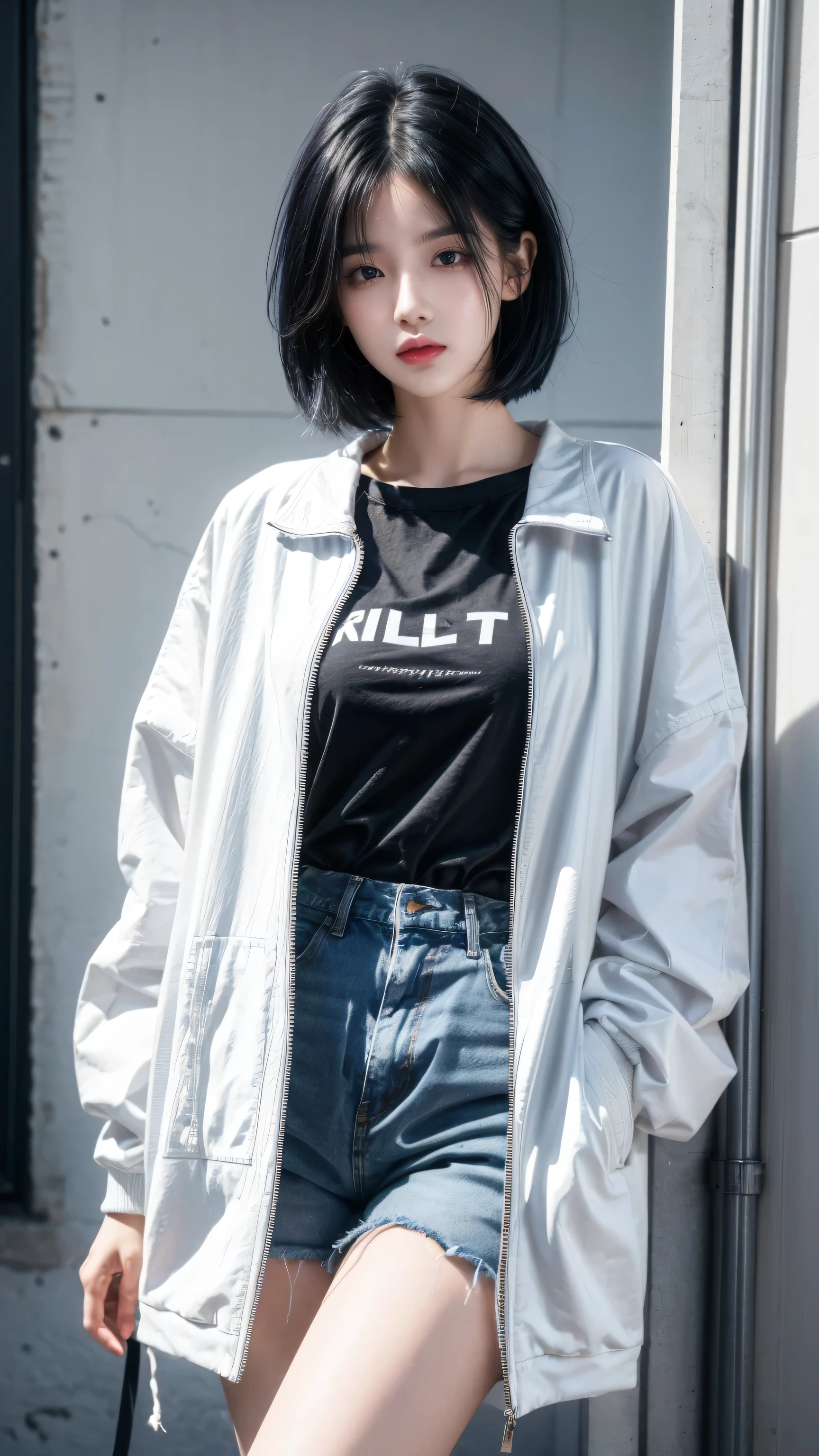 best quality, 1 Girl, dark blue hair, black eyes, Very short hair, Spiky hair, oversize t-shirt, white jacket jeans, High waist short jeans, 171 cm, Messy hair, Hair between the eyes, Medium breasts, full, Tomboy, aldult, 20 years old, 1 Girl