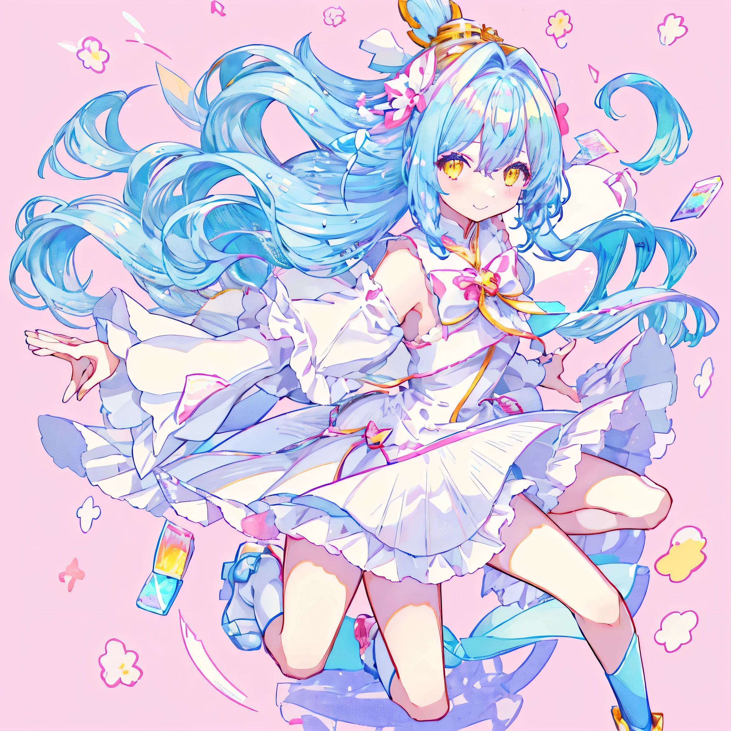 (Tabletop)Long Hair、Yellow Eyes、Blue Hair、Card Captor Sakura、clear card version、kinomoto sakura、about、fluffy、clear sky and sun、smile、rainbow、pastel colour、One girl、Background Single Color、simple、pale colour、