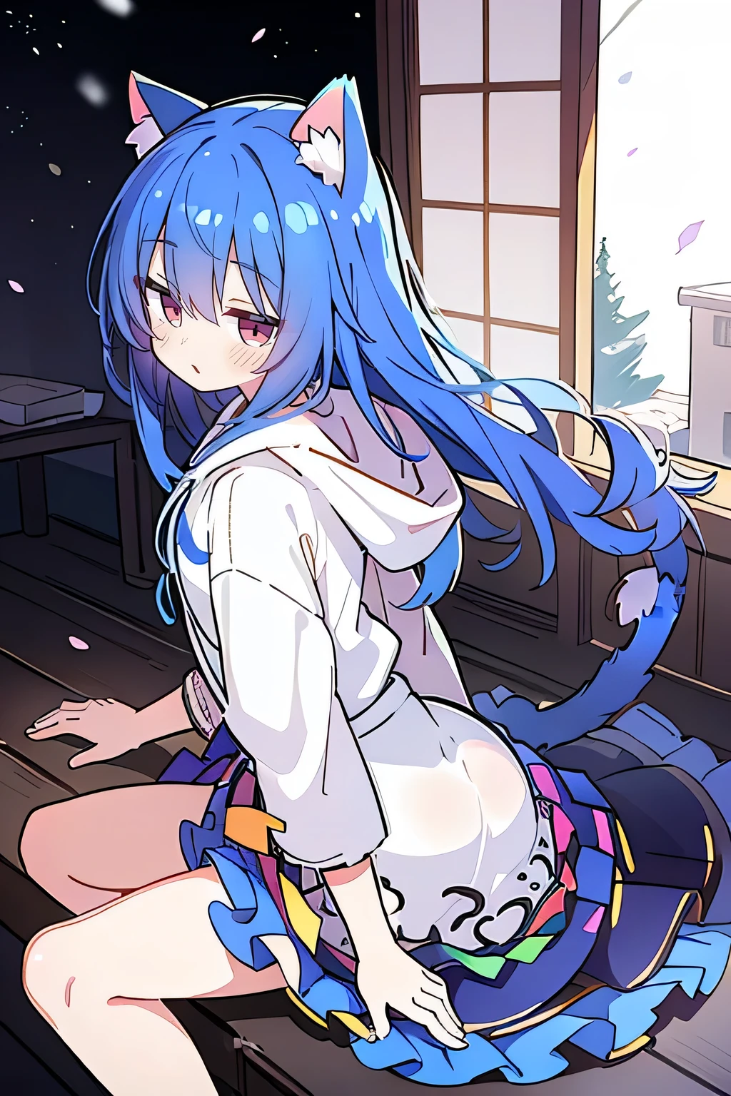 （masterpiece：1.2），Super detailed，lifelike，Expressive eyes，fair skin，perfect face shape，1 girl，
Japanese comics,Gorgeous blue hair,flowing blue hair,flowing clothes,Cat ears,Petals fall,beautiful lola,Baby Angel,
Shaking head with one hand，Cross your legs，Gentle and peaceful background，The pavilion is cool and comfortable,smile, wearing hoodie, background of tokyo,back views,snowing, winter.