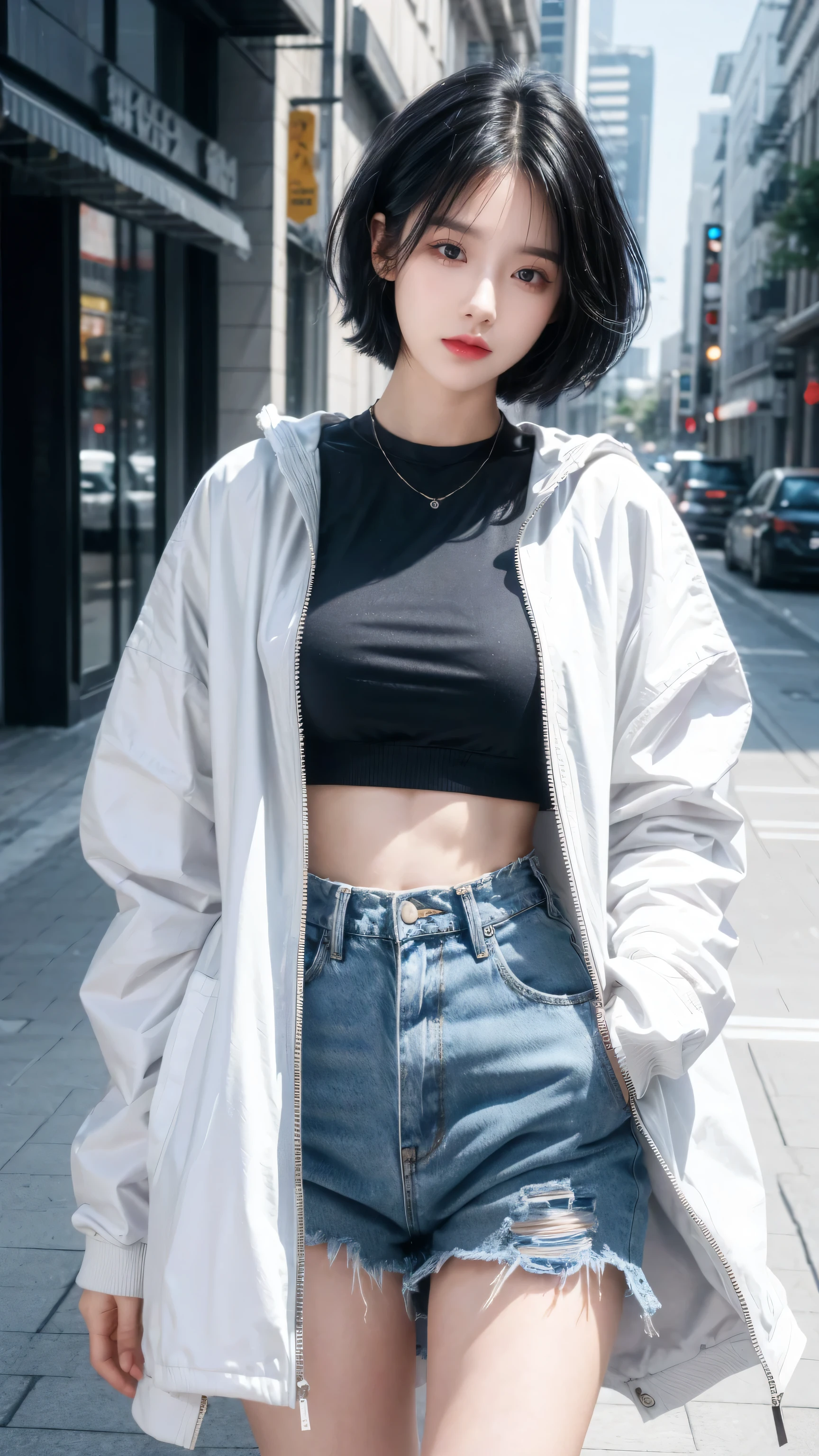 best quality, 1 Girl, dark blue hair, black eyes, Very short hair, Spiky hair, oversize t-shirt, white jacket jeans, High waist short jeans, 171 cm, Messy hair, Hair between the eyes, Medium breasts, full, Tomboy, aldult, 20 years old, 1 Girl