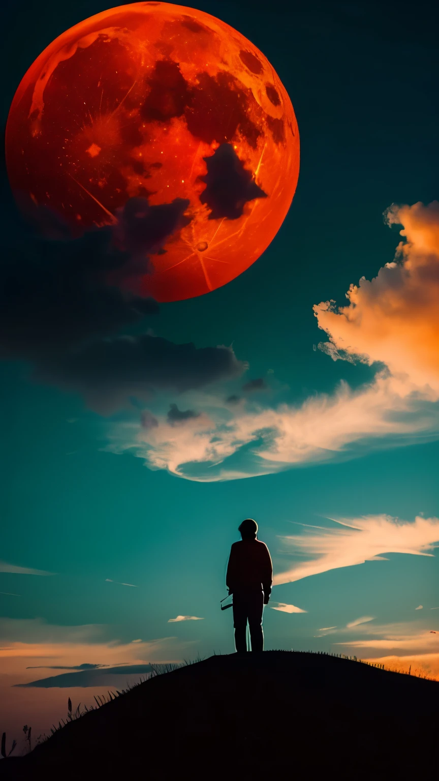 best quality, masterpiece, red art work, red moon, shadow, silhouette, clouds, wind