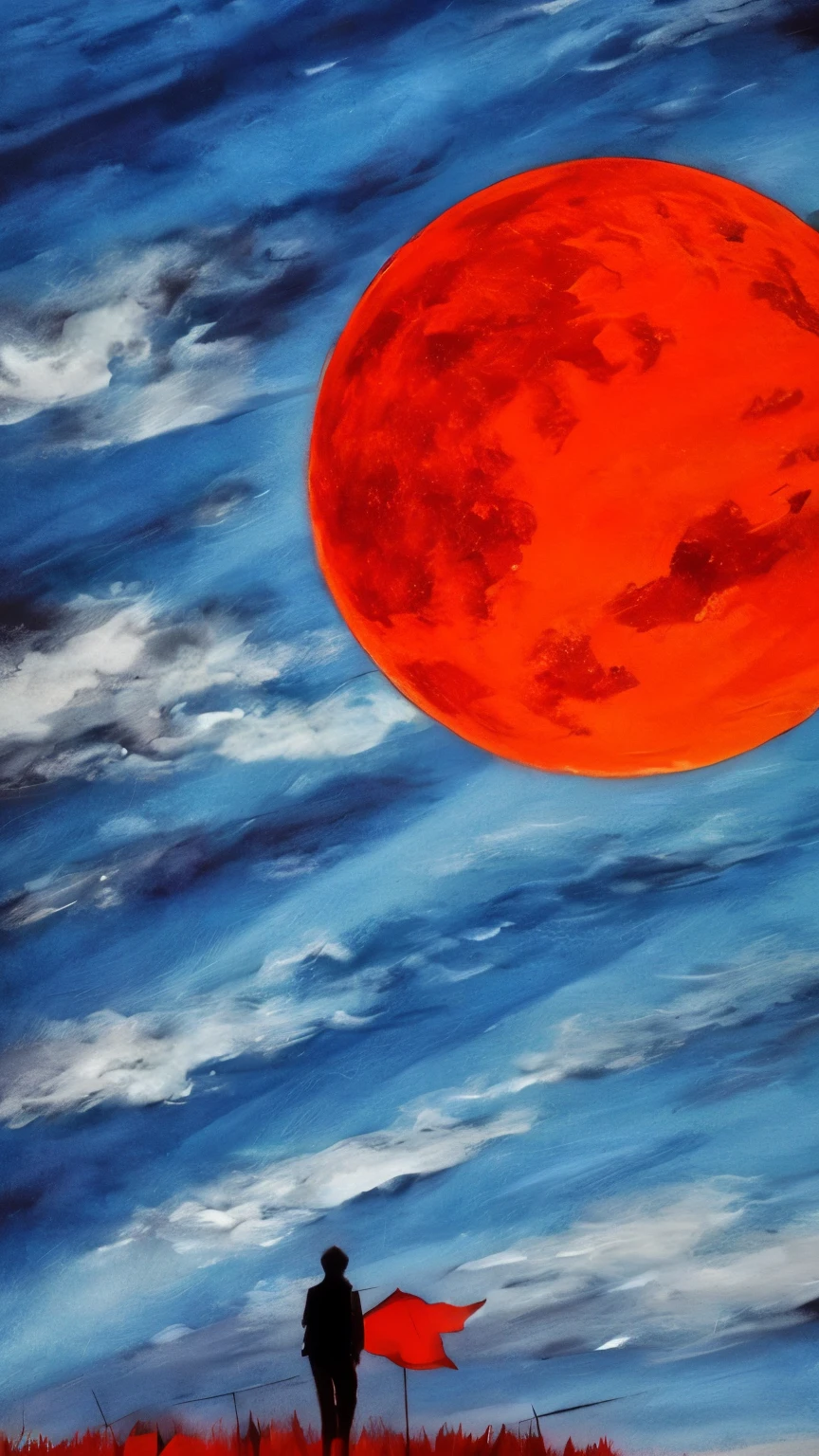 best quality, masterpiece, red art work, red moon, shadow, silhouette, clouds, wind