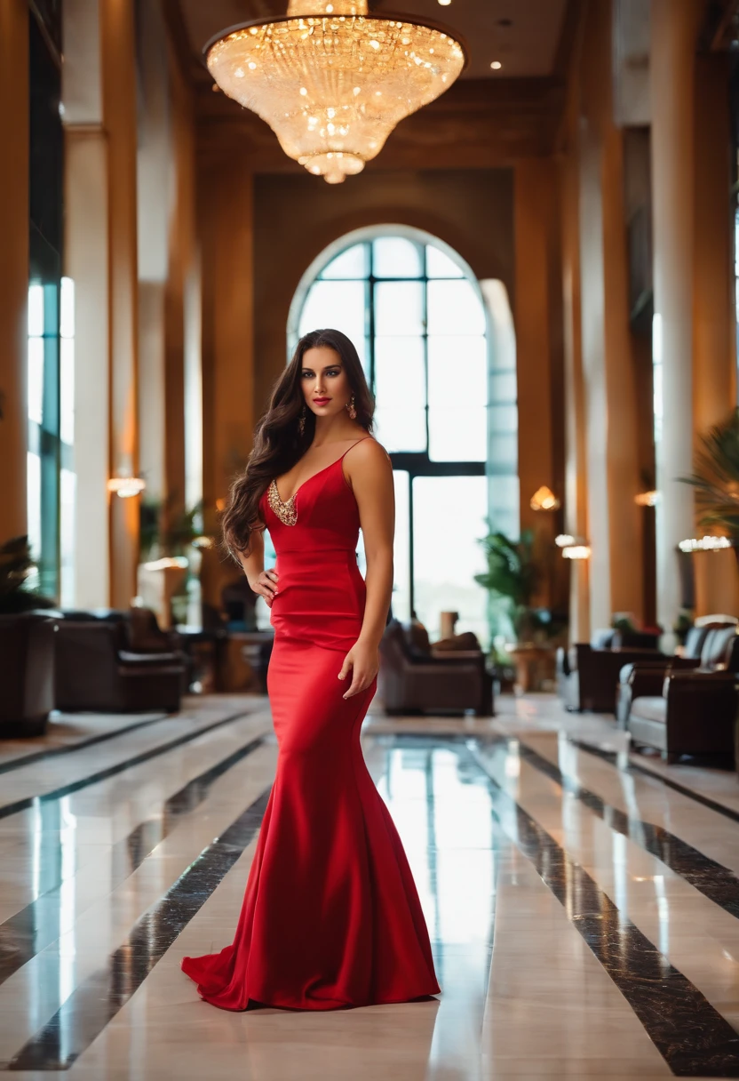 busty 25 year old brunette, long hair, high heels, wearing elegant gown in hotel lobby