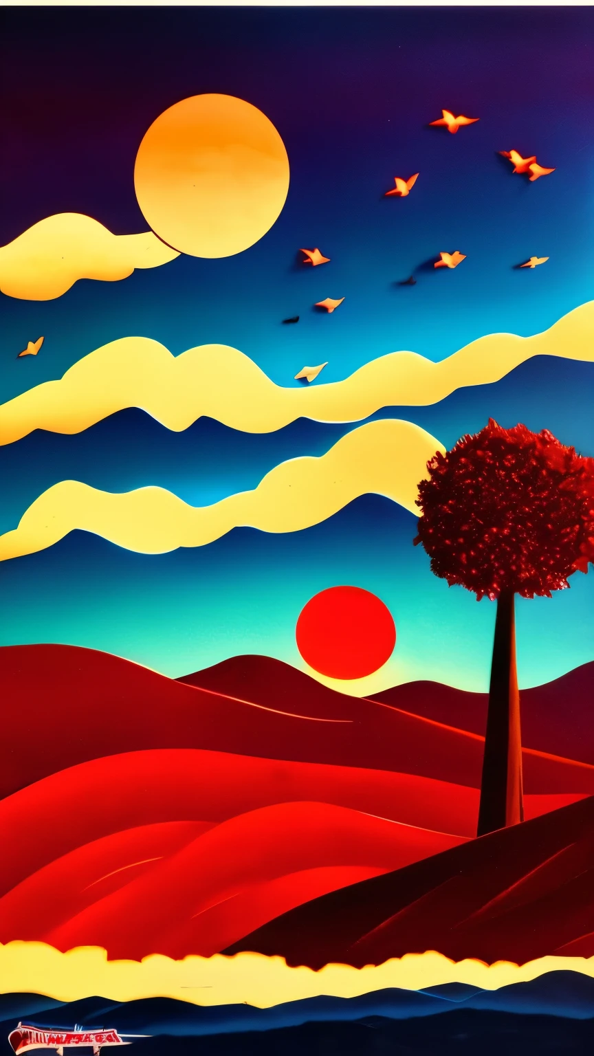 best quality, masterpiece, red art work, red moon, shadow, silhouette, clouds, wind