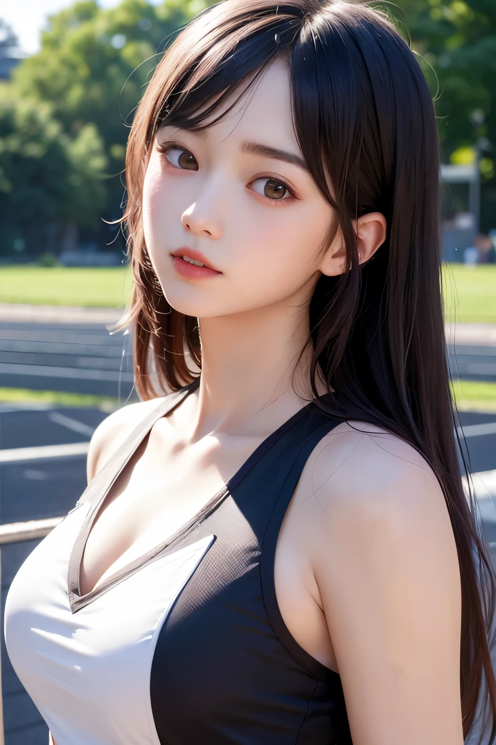 (1 nogizaka girl,raw photo,photo realistic:1.5),(best quality, high quality,HDR, highest quality,ultra high resolution,high resolution,high res,ultra high difinition,huge file size,8K,2K wallpaper,8K wallpaper,high quality texture,amazing,an extremely delicate:1.4),one girl, Japanese famous idol,beautiful face,small face,absurd,ridiculous,incredibly ridiculous,portrait,breasts close up,blurry background,(track and field uniform,cleavage,no makeup:1.2),medium skin,beautiful skin,detailed skin,small head,black hair,silky hair,(Japanese eyes:1.3),detailed eyes,black eyes,Japanese idol eyes,perfectly propotioned face,Japanese nose,5-fingers,(Light Particles, Lens Flare, Luminous Particles: 0.7),looking at viewer,bright lighting,professional lighting,girl