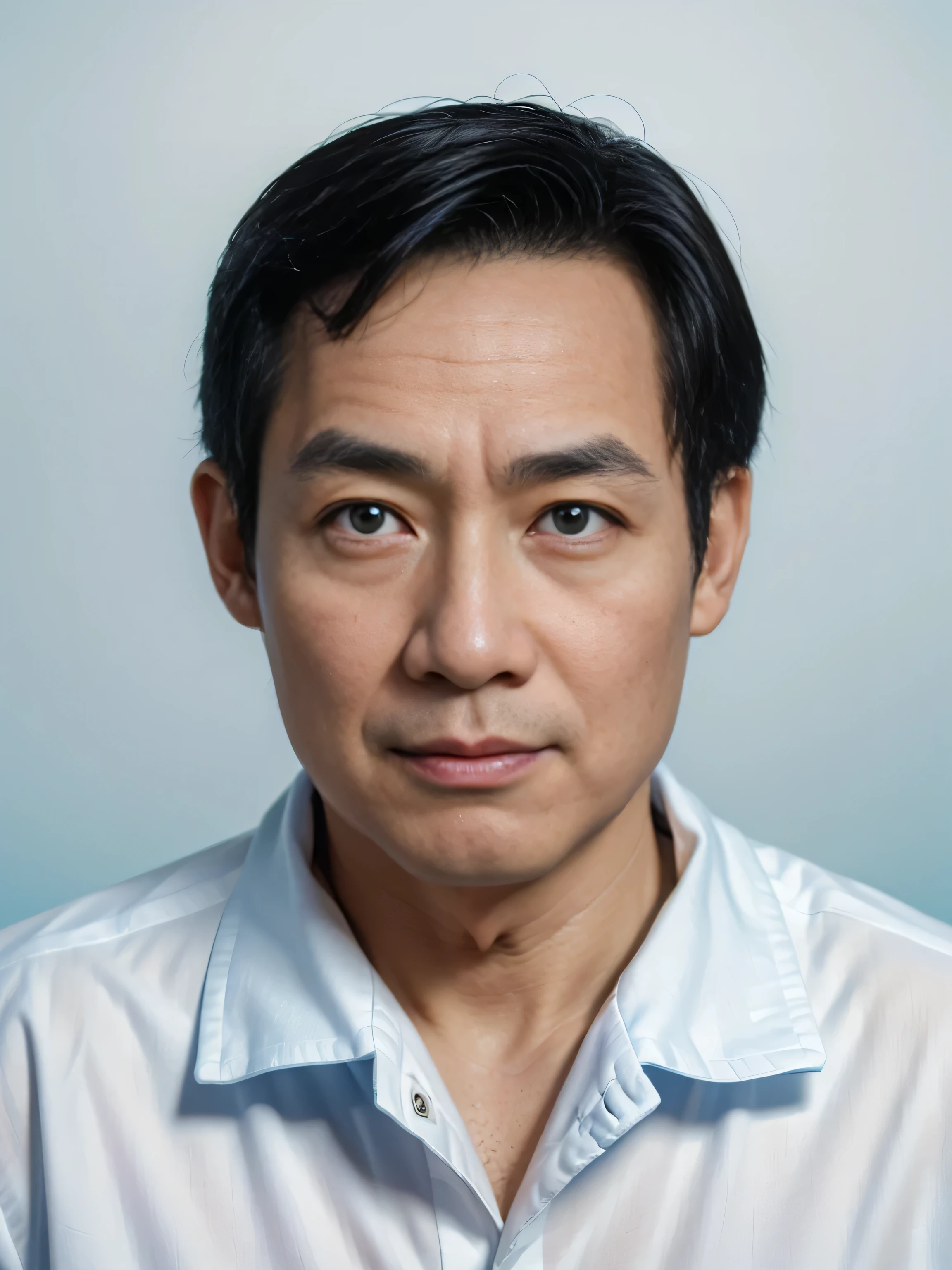 Highly realistic photo, ((masterpiece), (best quality), (raw photo), (photorealistic:1.4), Portrait of Vietnamese man, 75 years old, ((black hair)), ((white shirt)), ((light blue background)), photo taken by Sony A7IV
