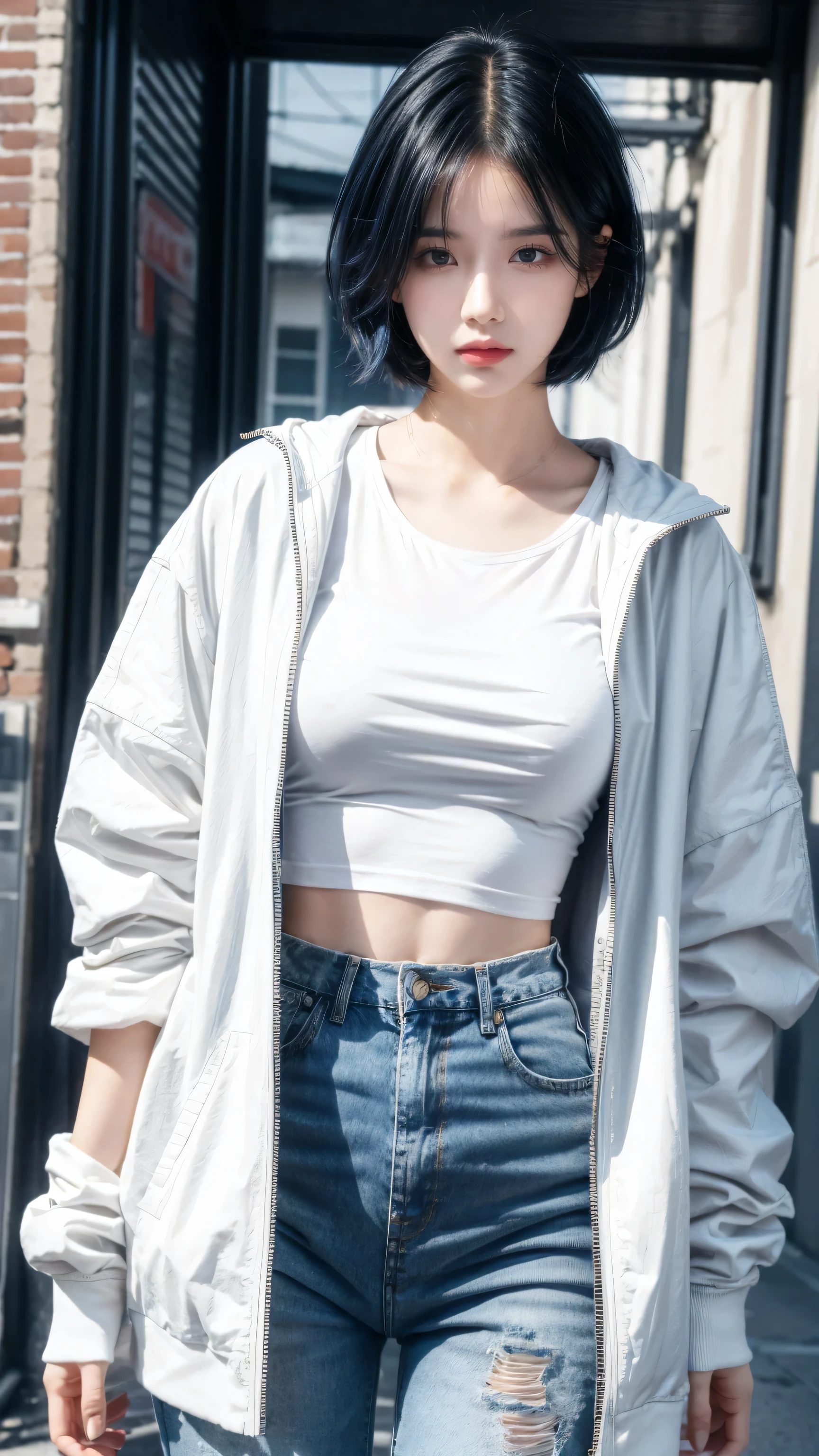 best quality, 1 Girl, dark blue hair, black eyes, Very short hair, Spiky hair, oversize t-shirt, white jacket jeans, High waist short jeans, 171 cm, Messy hair, Hair between the eyes, Medium breasts, full, Tomboy, aldult, 20 years old, 1 Girl