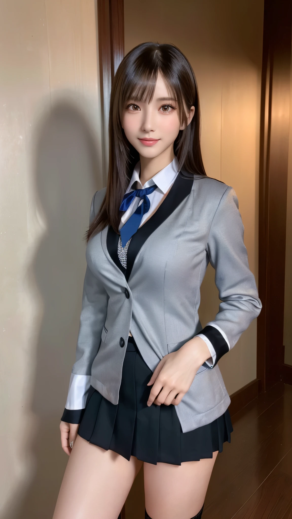 (Best Quality, 4K, 8K, hight resolution, masutepiece:1.2),1 beautiful young girl, Super beautiful detailed face, shyly smile, Symmetrical black eyes),  1 girl with a perfect body， Super fine face and eyes，slong hair，(fishnet garment:1.3, grey blazer, ribbon, socks,  high school uniform: 1.2)，hime cut hair, (Fine face:1.2), High quality, Realistic, Highly detailed CG unified 8K dendenden wallpaper, Highly detailed, High-definition raw color photos, Professional Photography, Realistic portrait, Cinematic Light, Beautiful detailed, Super Detail, high details,  depth of fields, ((FULL BODYSHOT:1.5))、Medium Hair、semi long hair、(thighs)、(beauty legs)、(Idol Face)、Embarrassed face、 Ultra-detailed, (Realistic, Photorealistic, Photorealsitic:1.37), (Beautiful detailed eyes, Beautiful detailed lips, extremely detailed eye and face), Vivid colors, (Big Tits, ultra, Glamorous body), (Long black straight hair, Shiny hair, Shiny skin),(Photographed up to the calf)、full body Esbian